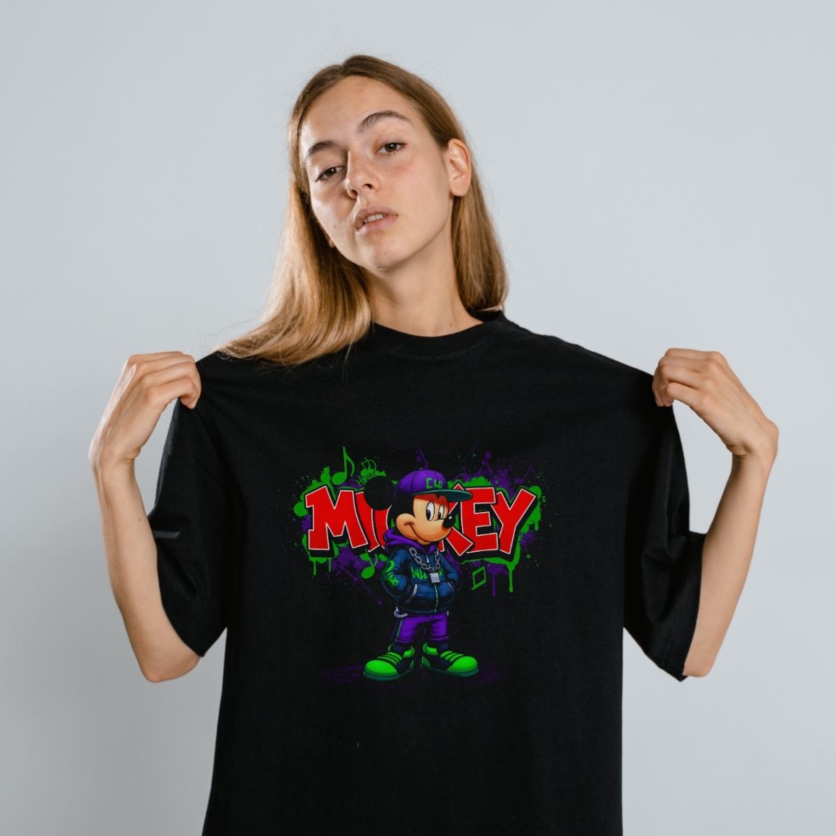Fantastik Store Mickey Mouse Graffiti Baskılı Unisex Siyah Oversize Tişört - 24/1 Penye görsel 4