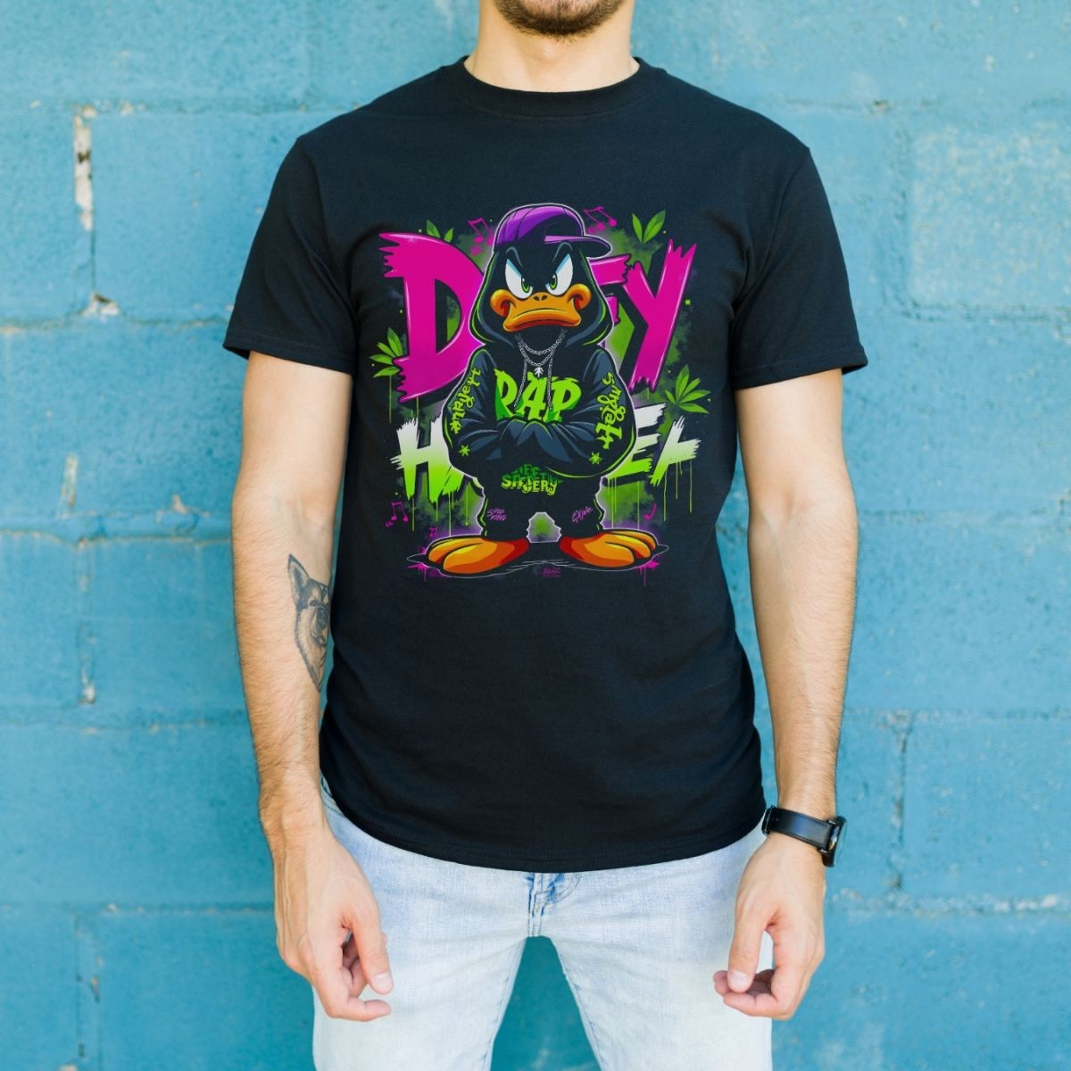 Fantastik Store Daffy Duck Graffiti Baskılı Unisex Siyah Tişört - 24/1 Penye Pamuklu görsel 2