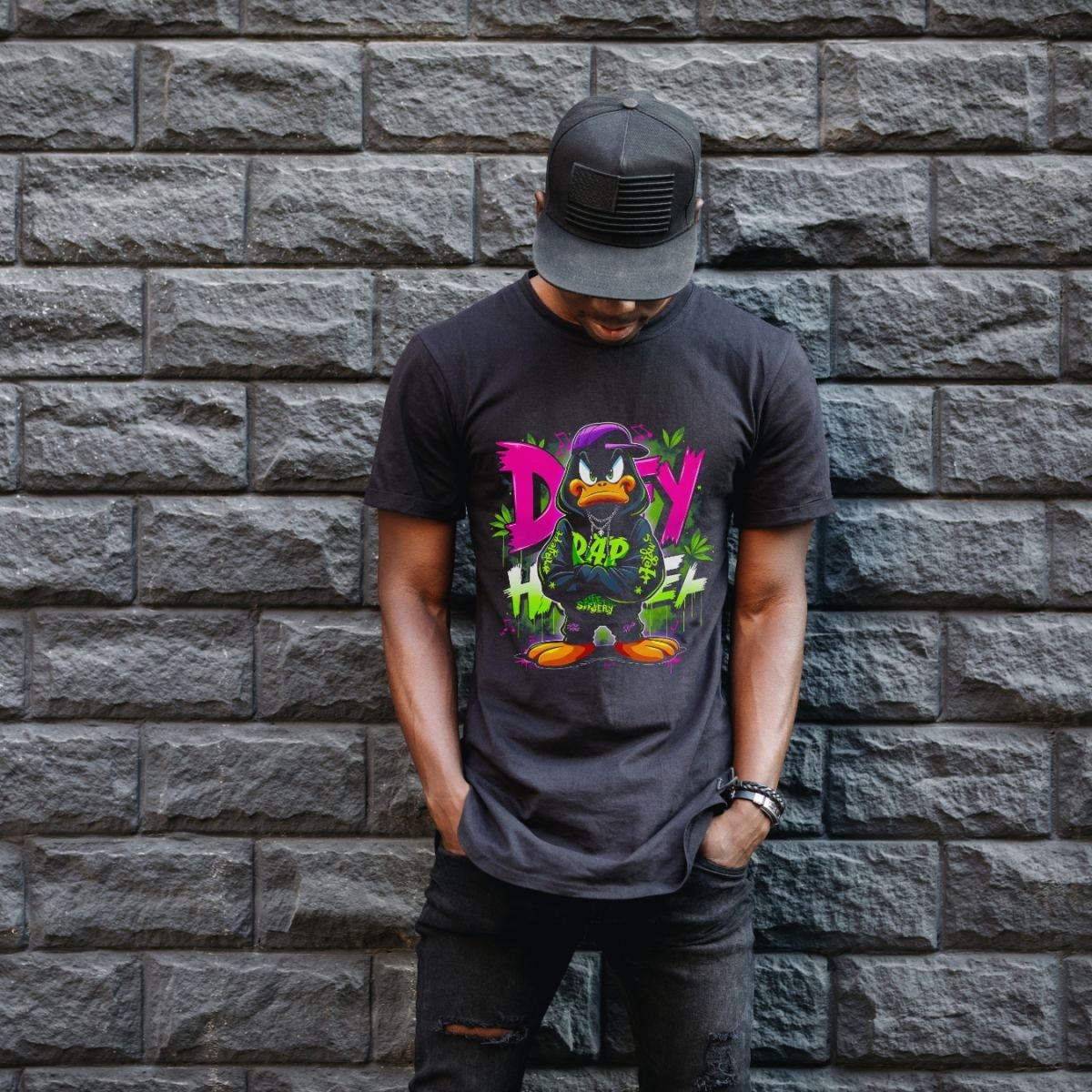 Fantastik Store Daffy Duck Graffiti Baskılı Unisex Siyah Tişört - 24/1 Penye Pamuklu görsel 3