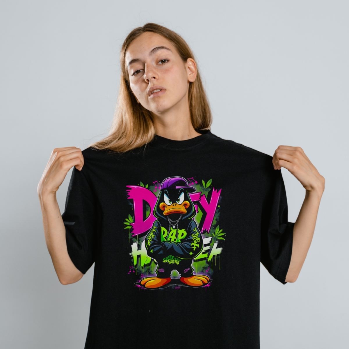 Fantastik Store Daffy Duck Graffiti Baskılı Unisex Siyah Tişört - 24/1 Penye Pamuklu görsel 4
