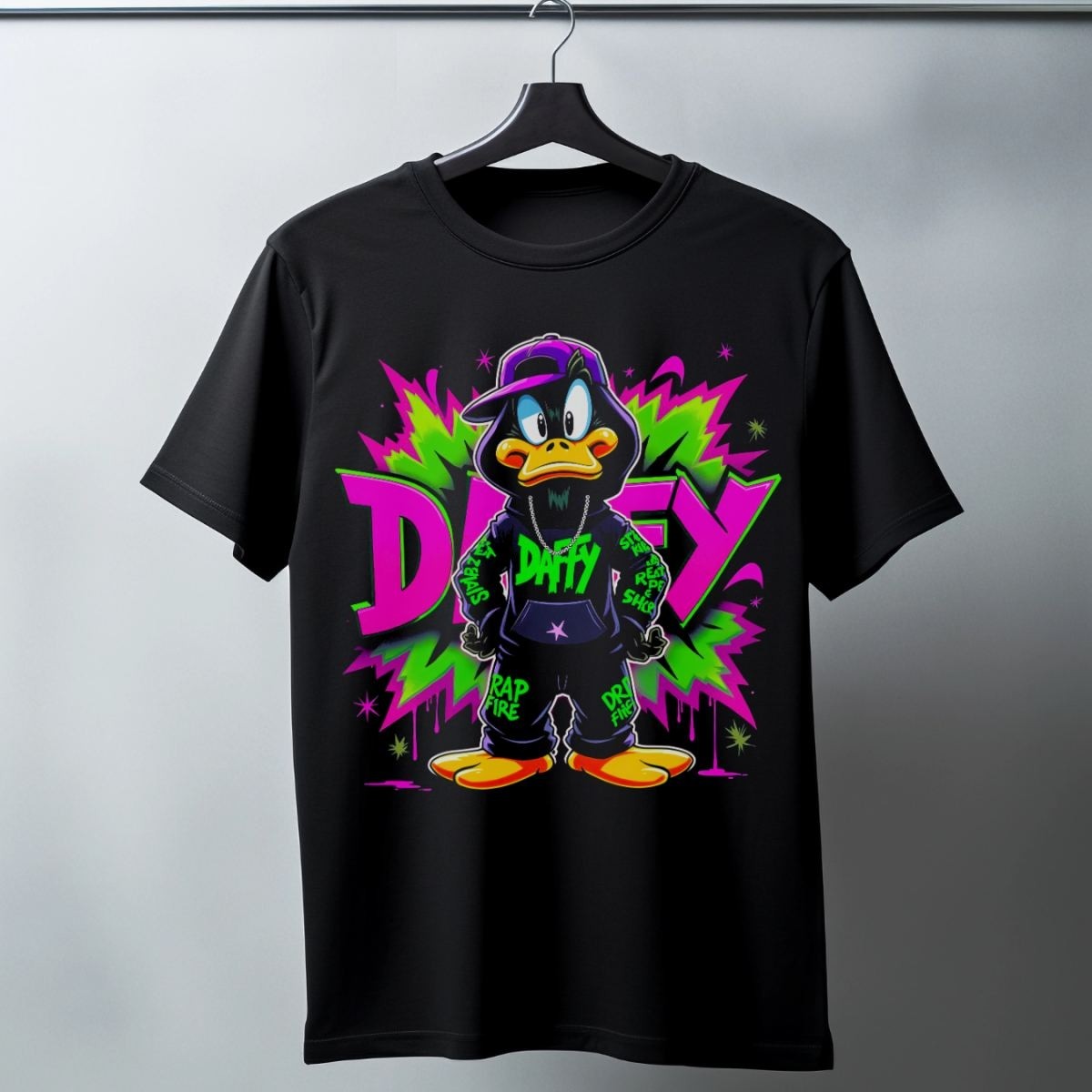 Fantastik Store Daffy Duck Graffiti Baskılı Unisex Siyah Tişört - 24/1 Penye Pamuklu