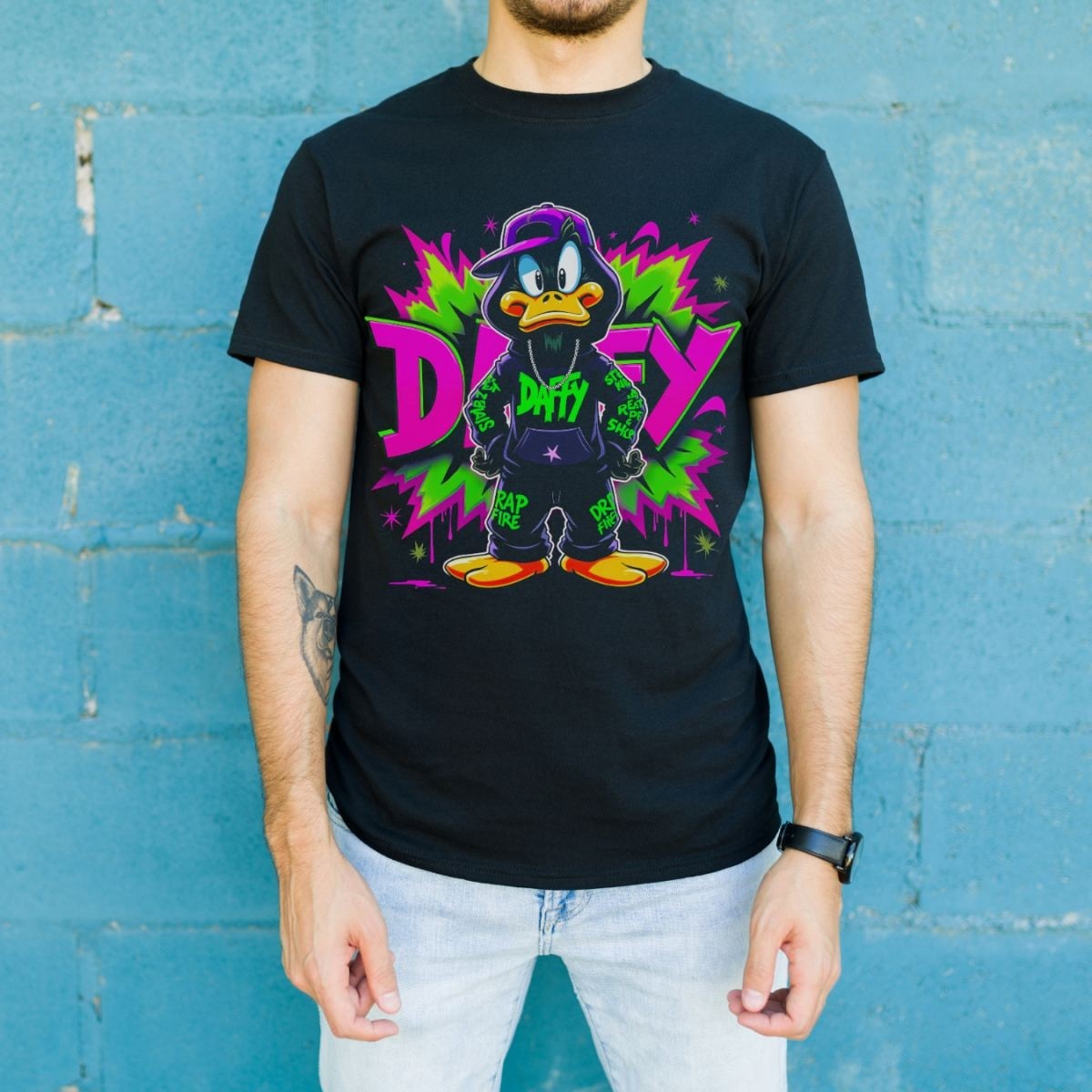 Fantastik Store Daffy Duck Graffiti Baskılı Unisex Siyah Tişört - 24/1 Penye Pamuklu görsel 2