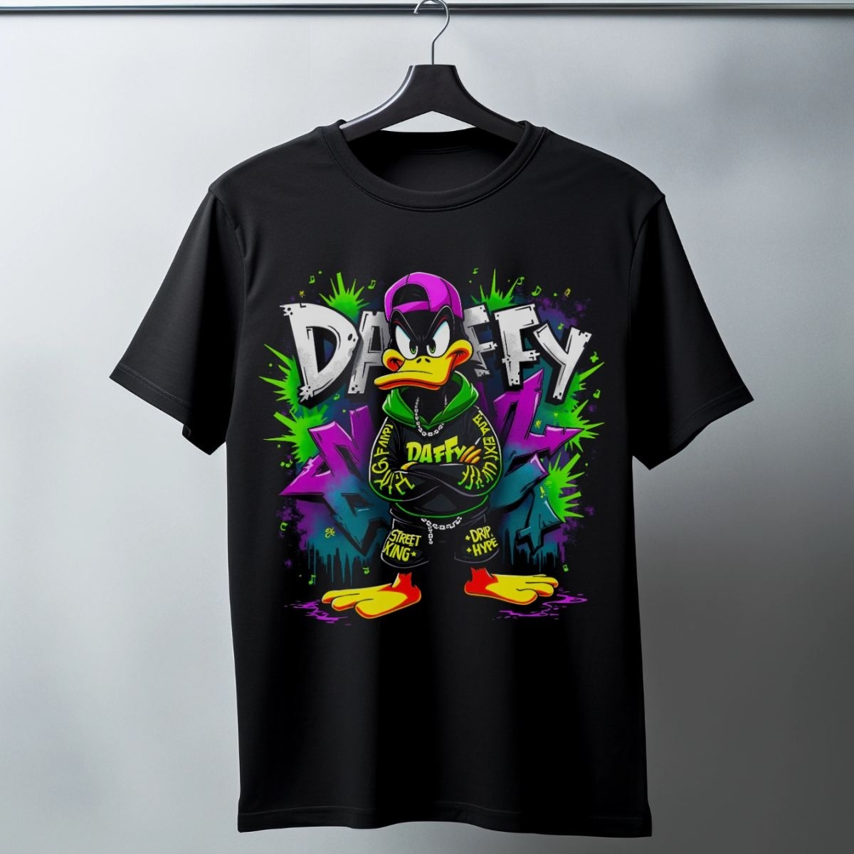 Fantastik Store Daffy Duck Graffiti Baskılı Unisex Siyah Tişört - 24/1 Penye Pamuklu