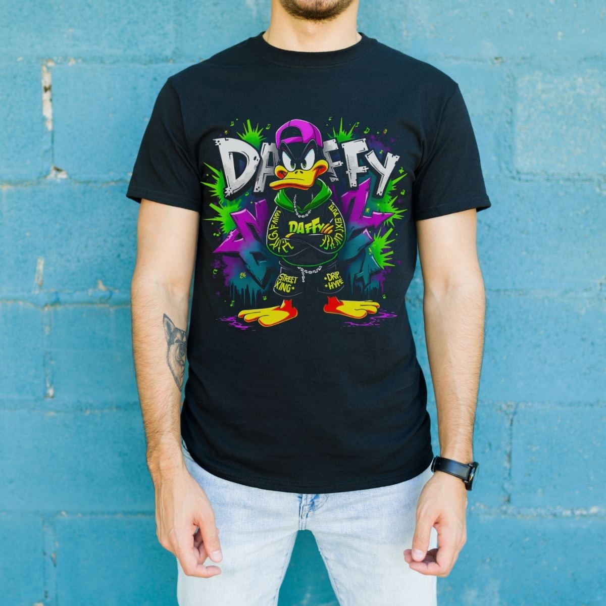 Fantastik Store Daffy Duck Graffiti Baskılı Unisex Siyah Tişört - 24/1 Penye Pamuklu görsel 2