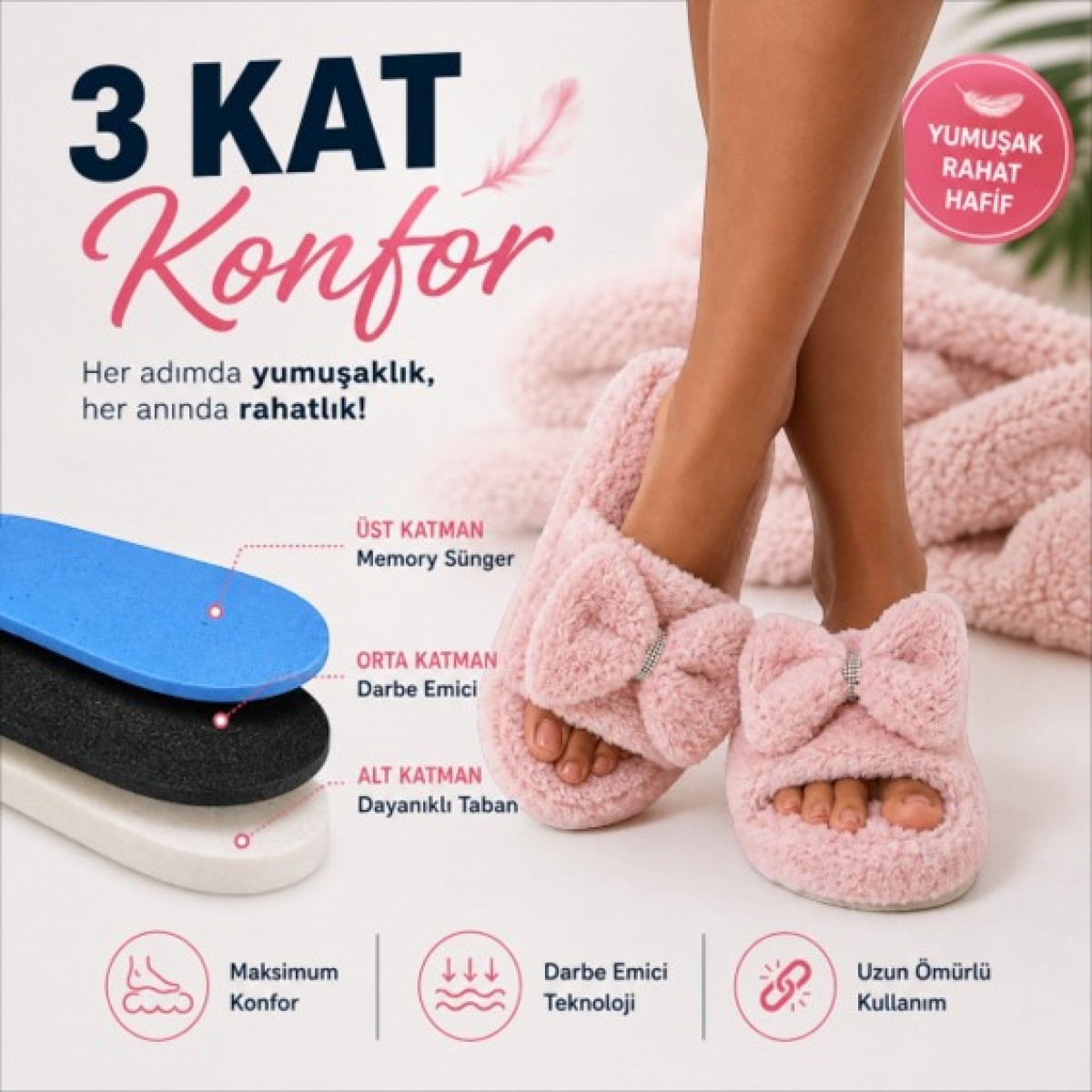Black Flex Cozy Step 3 Katmanlı Pelush Terlik Pembe Fiyonklu 36-41