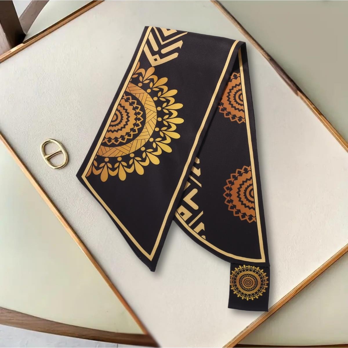 Walkenzo Etnik Altın Mandala Desenli Şık Özel Tasarım Kadın Kravat Fular görsel 4