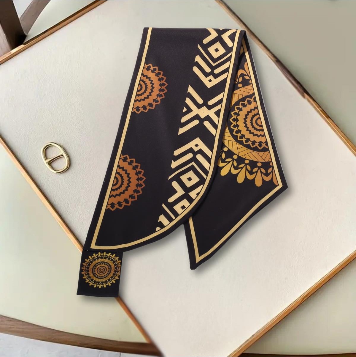 Walkenzo Etnik Altın Mandala Desenli Şık Özel Tasarım Kadın Kravat Fular görsel 5