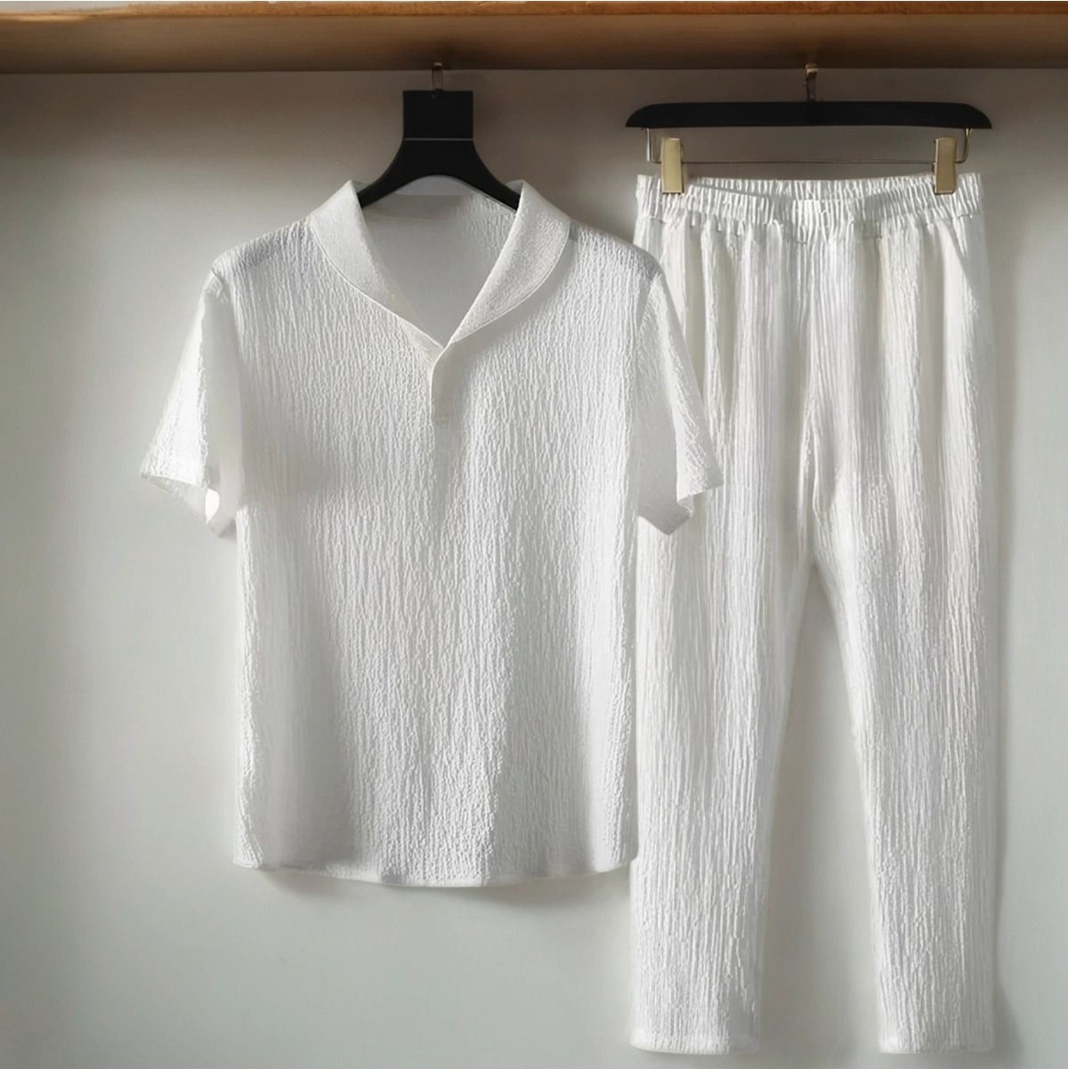 Fifty Color Alaçatı Stili Erkek Bürümcük Krinkıl Kumaş Yazlık Likralı Polo Yaka Tshirt ve Eşofman Takım Kombini