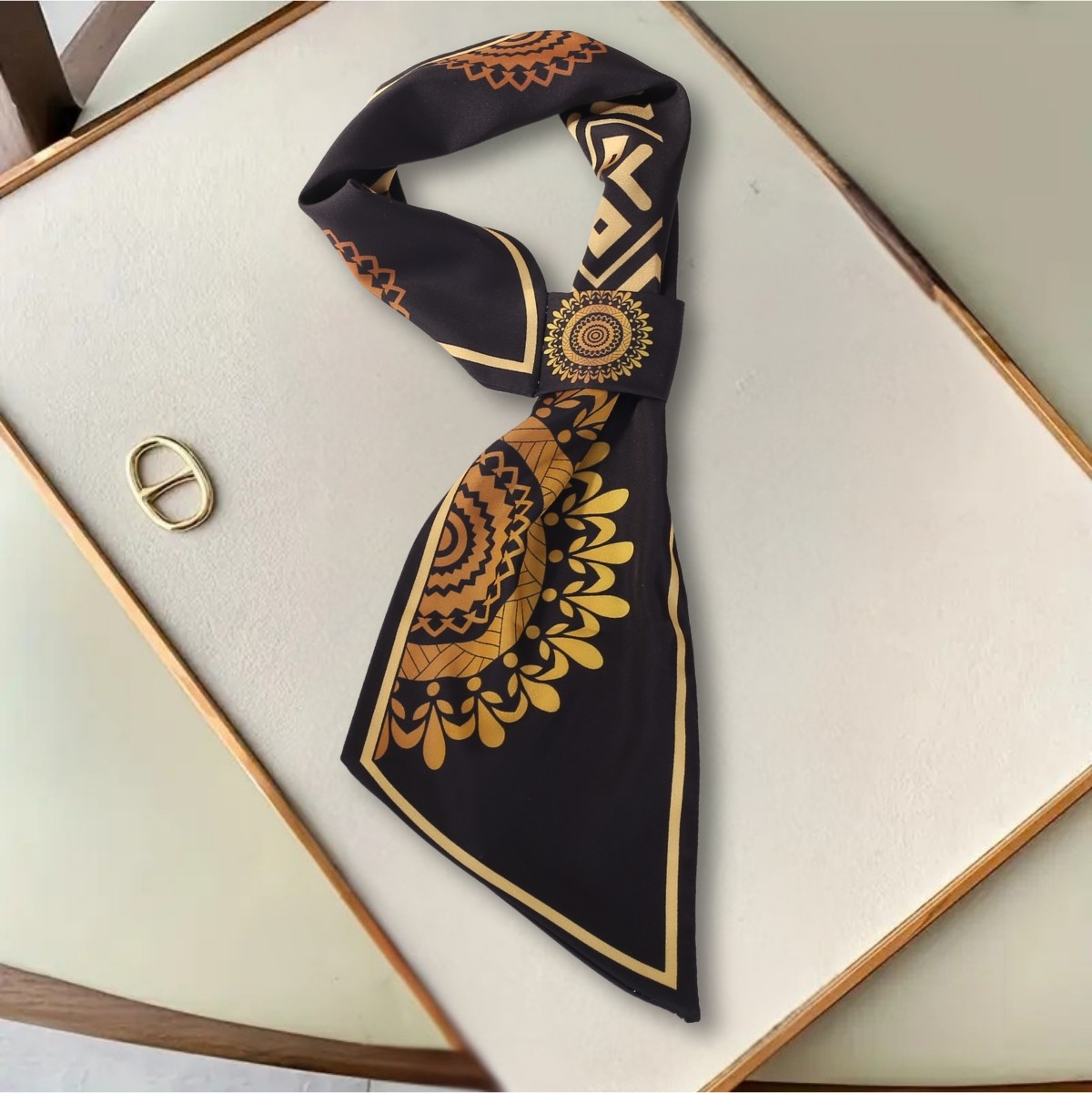 Walkenzo Etnik Altın Mandala Desenli Şık Özel Tasarım Kadın Kravat Fular görsel 6