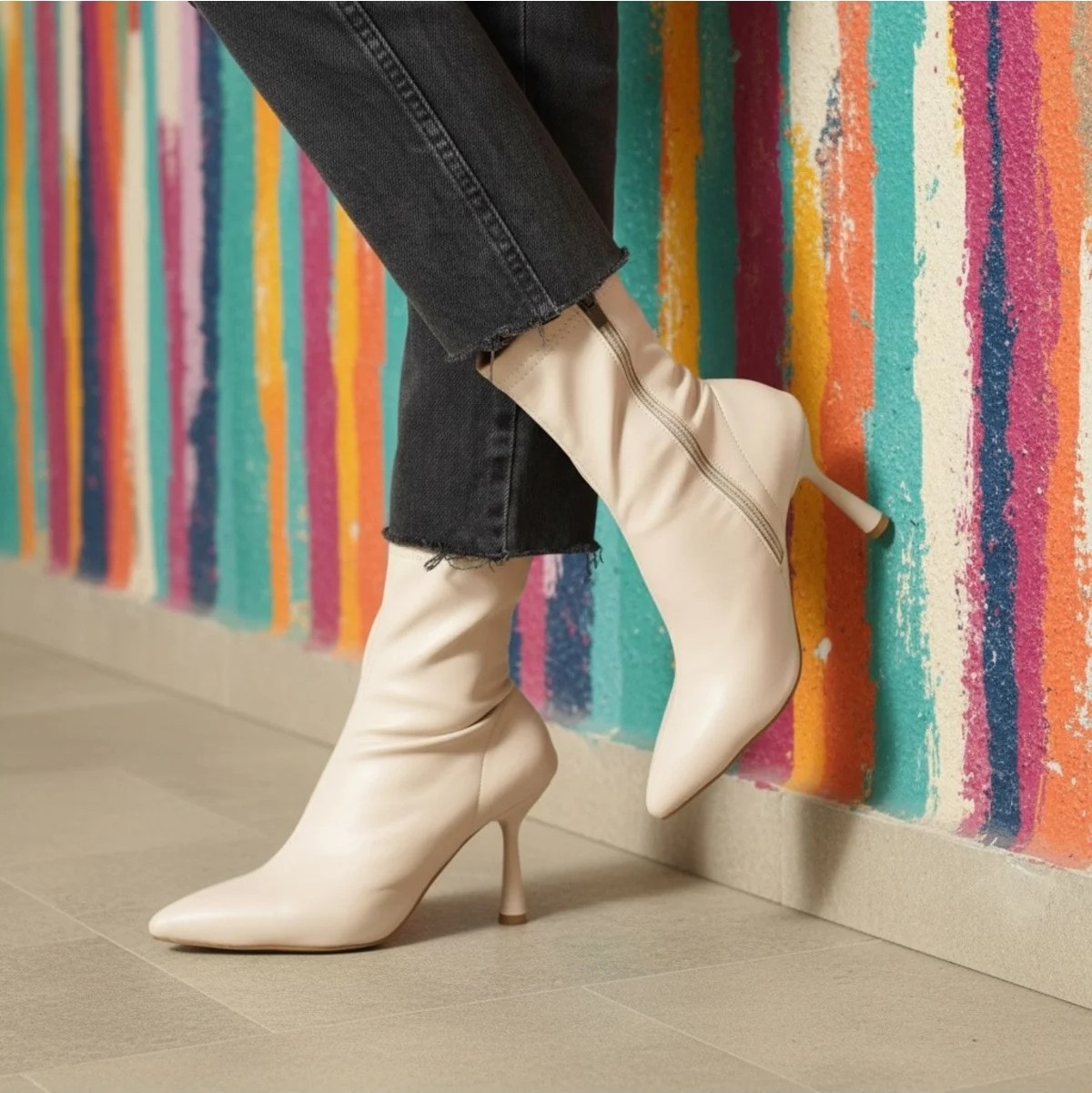 Dabab Shoes MARYA Kadın Bej Streç Cilt Sivri Burun Sıcak Astarlı Fermuarlı 7 Cm İnce Topuklu Bot Bootie