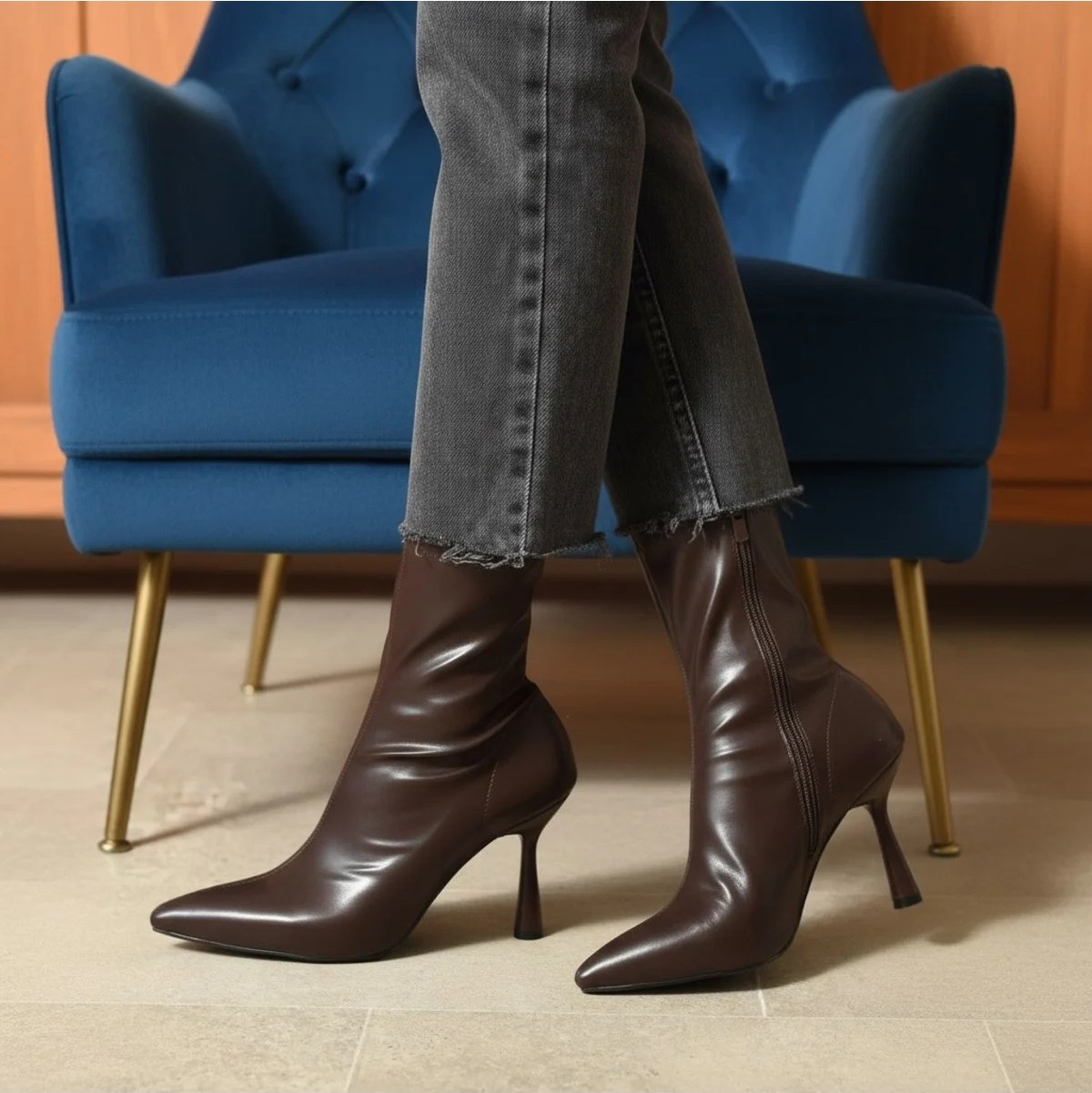 Dabab Shoes MARYA Kadın Acı Kahve Streç Cilt Sivri Burun Sıcak Astarlı Fermuarlı 7 Cm İnce Topuklu Bot Bootie