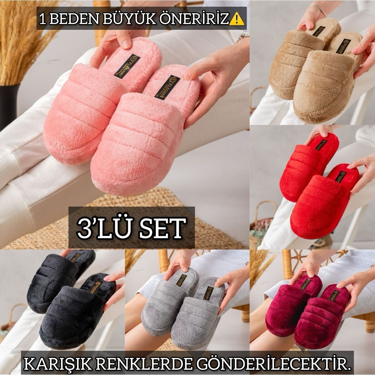 Slipcat 3'lü Sessiz Taban Kadın Terlik Kapalı Ev Terliği Misafir Terliği Çeyiz Bohça Terliği