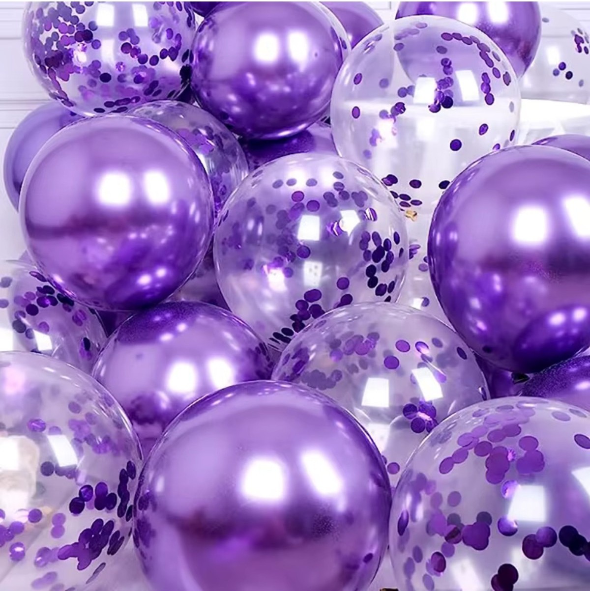 Feyza Design 10’lu Krom ve Konfetili Mor Balon Seti, Renk Seçenekli