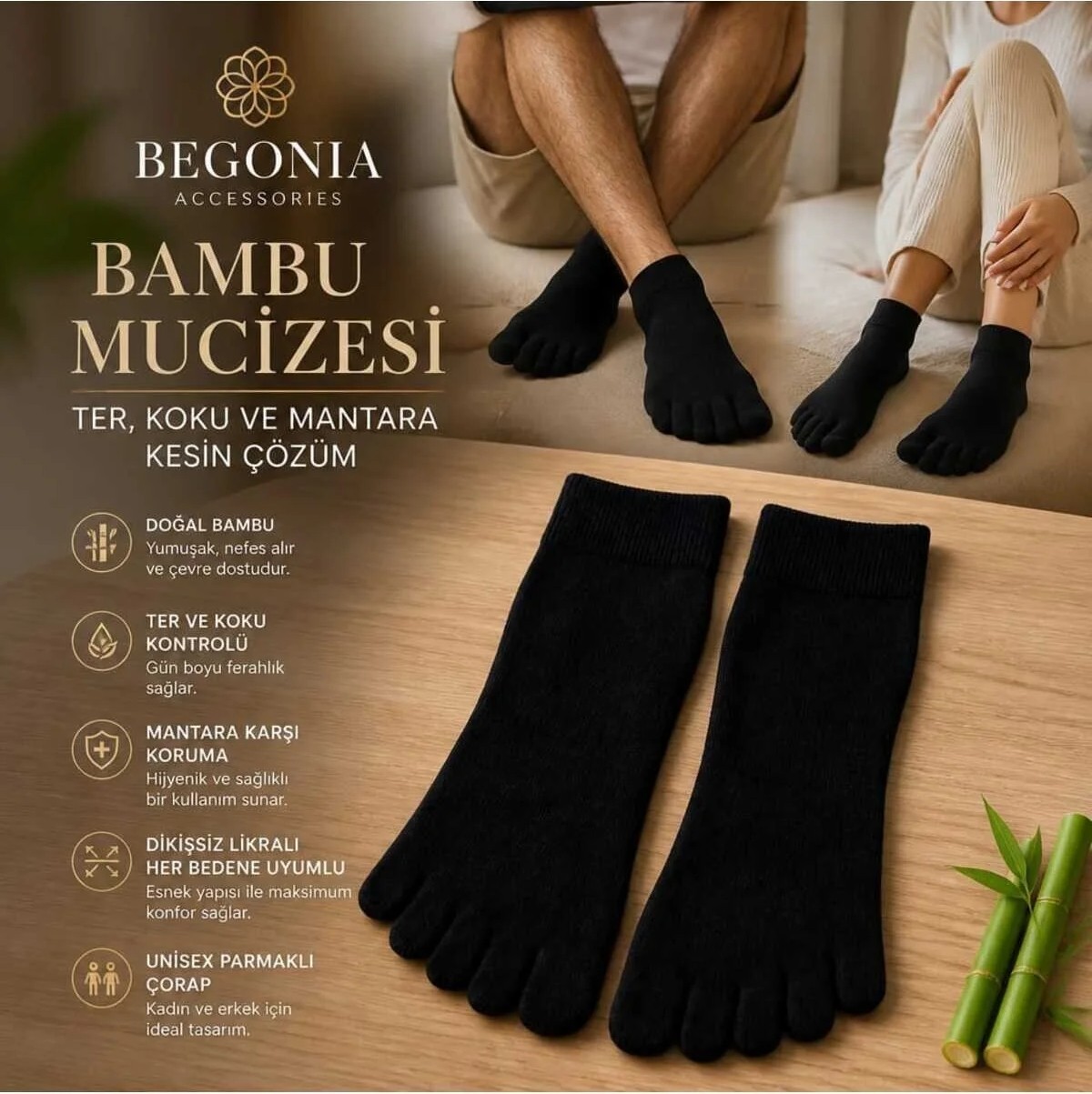 Begonia Accessories Bambu Parmaklı Çorap Dikişsiz Unisex Antialerjik Terleme ve Koku Karşıtı Likralı Esnek Çorap -278-1