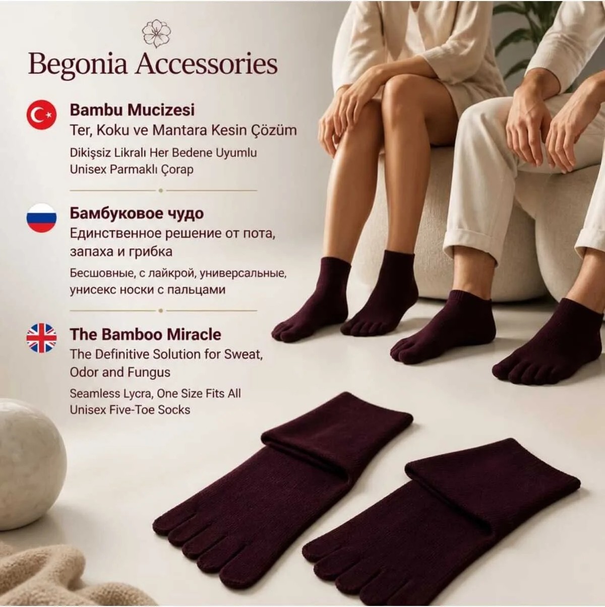 Begonia Accessories Bambu Parmaklı Çorap Dikişsiz Unisex Antialerjik Terleme ve Koku Karşıtı Likralı Esnek Çorap -278-2