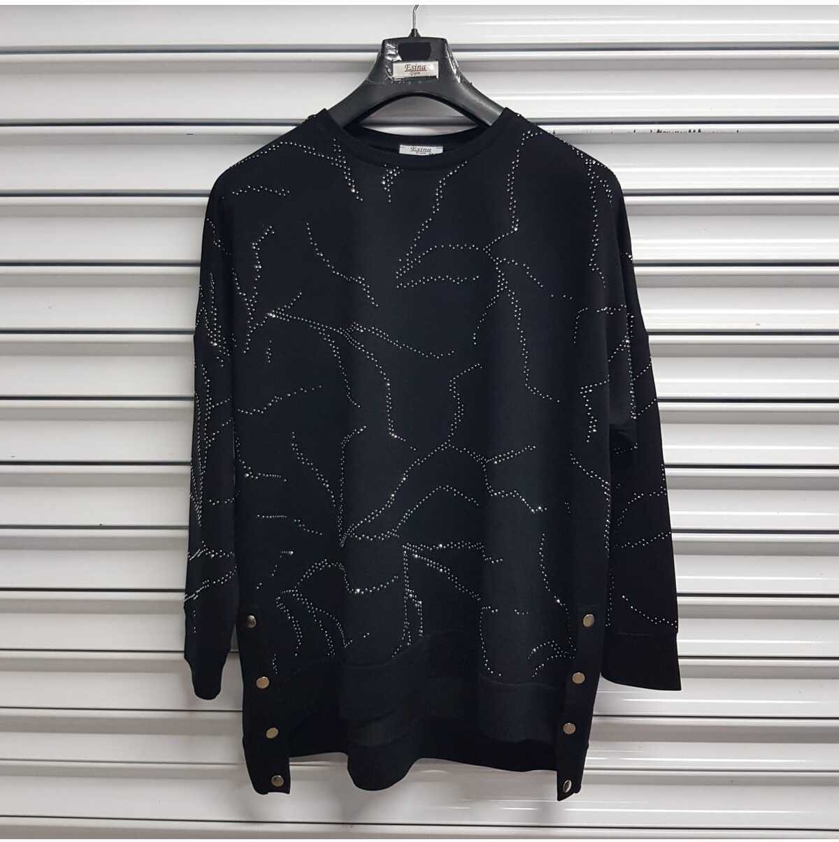 Esina Kadın Siyah Kristal Kumaş Sweatshirt Taş Detaylı Uzun Kol Modern Tasarım görsel 4