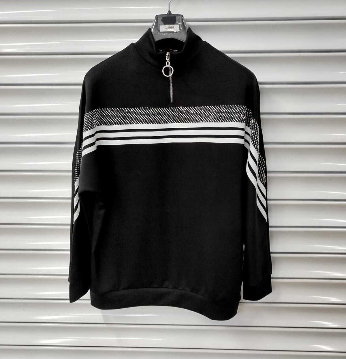 Esina Kadın Modal Kumaş Fermuar Yaka Sweatshirt Taş Detaylı