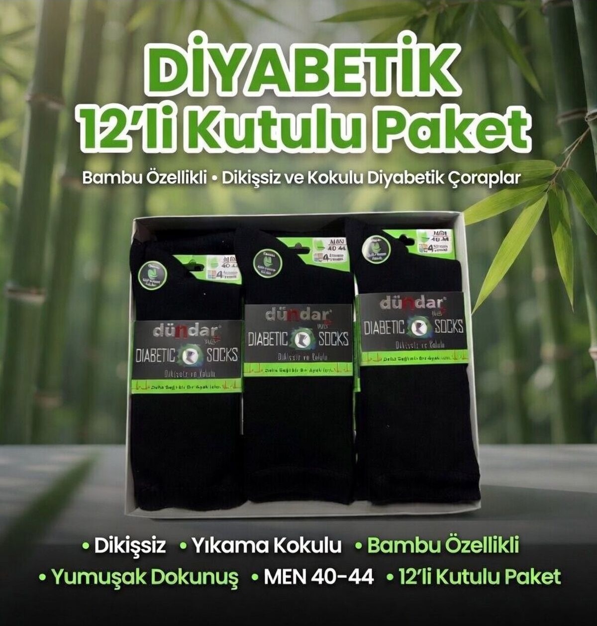 Dündar -Erkek Bambu Diyabet Çorabı/siyah/41-45-Siyah-40-44