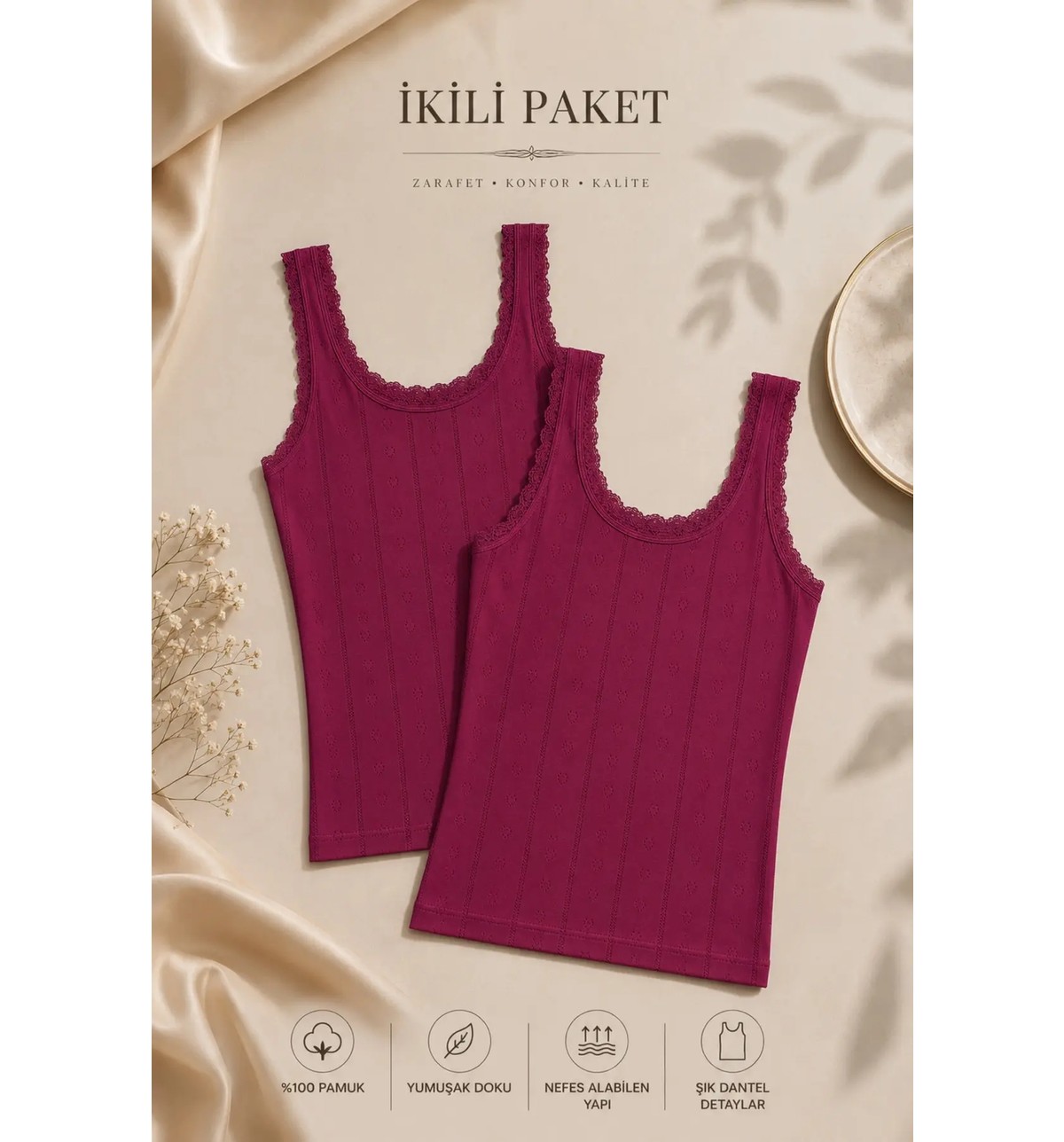 Rozelt Kadın %100 Pamuklu Jakarlı Yumuşak Kumaş Kalın Askılı 2'li Atlet görsel 4