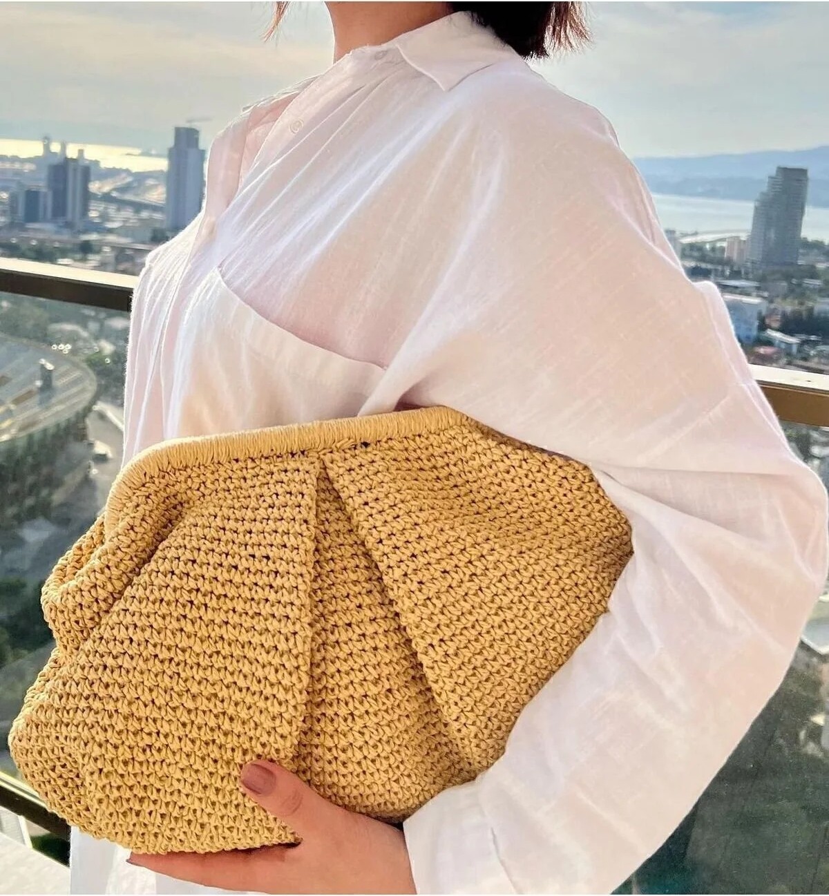 Hobilanka Açık Renk Hasır Burslu Portföy Clutch Çanta görsel 5