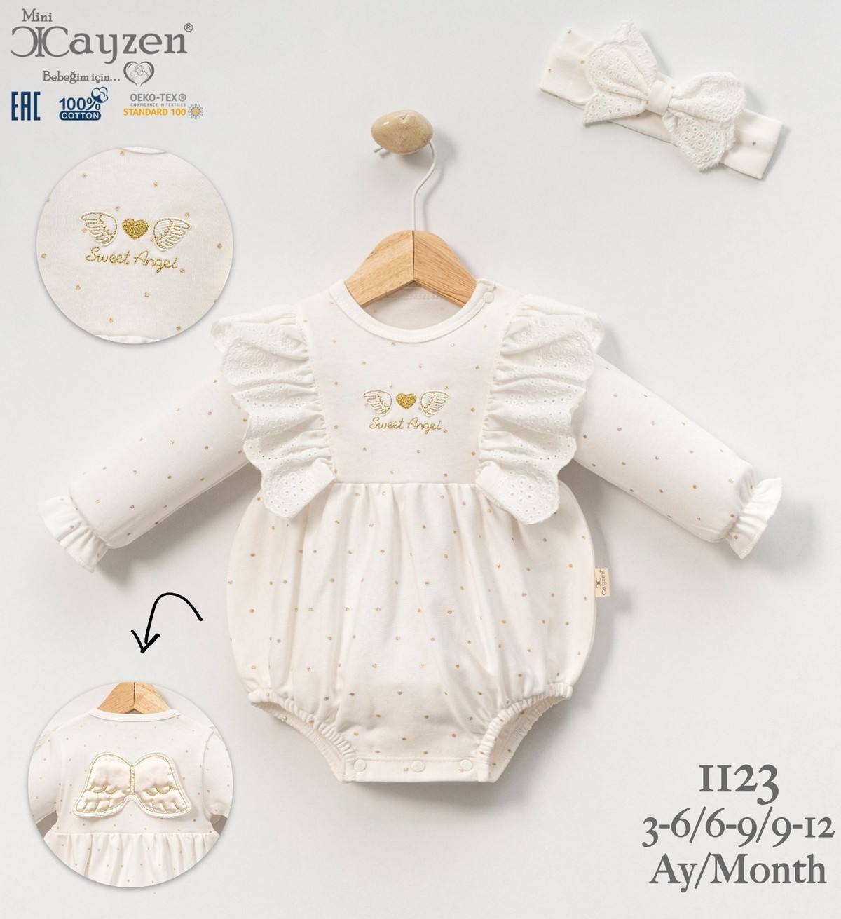 My Baby Kumsal CAYZEN Angel Nakışlı Kız Romper Melek Kanatlı Bandanalı 6 - 9 ay 1123 görsel 2