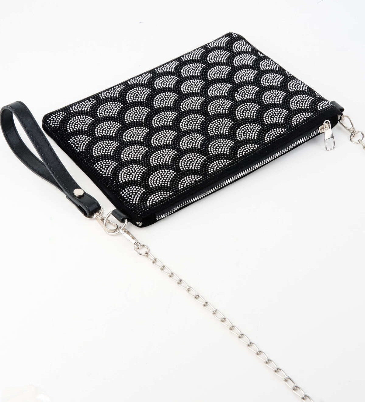 Vivaq Kadın Yelpaze Gümüş Taşlı Süet Bilek Askılı ve Zincir Askılı Portföy El ve Clutch Çanta görsel 2