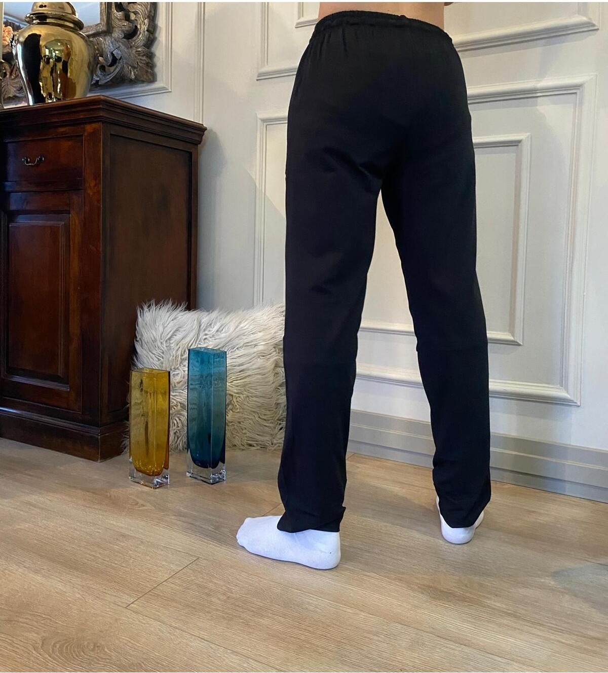 Düven Erkek Siyah Düz Paça Penye %100 Pamuklu Standart Fit Pijama Altı Normal Kesim Beli Lastikli Cepli görsel 4