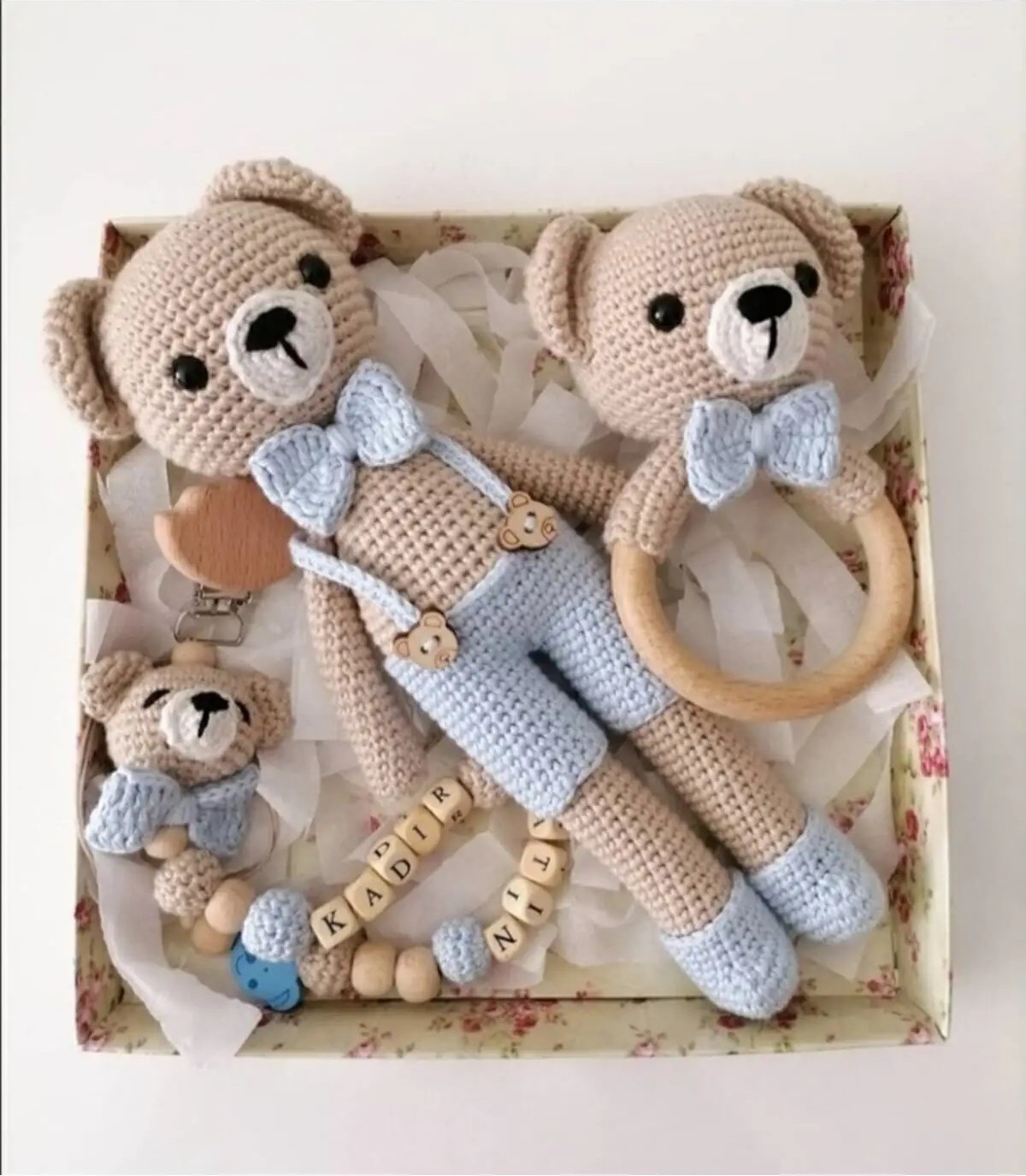 Hobilanka 1 - 2 Yaş Amigurumi Organik Örgü Oyuncak Papyonlu Ayıcık Set Tekstil Jel Dobby Mavi