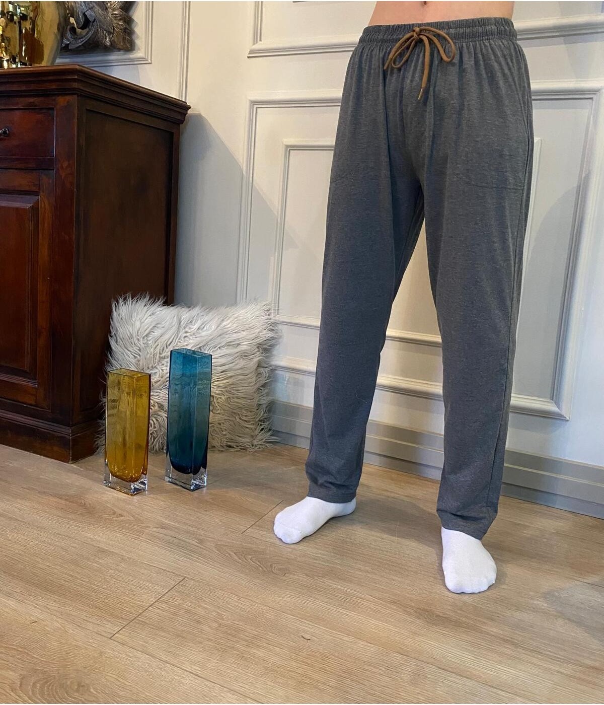 Düven Erkek Siyah Düz Paça Penye %100 Pamuklu Standart Fit Pijama Altı Normal Kesim Beli Lastikli Cepli