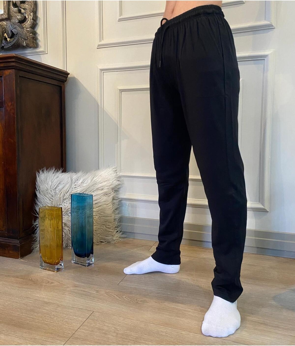 Düven Erkek Siyah Düz Paça Penye %100 Pamuklu Standart Fit Pijama Altı Normal Kesim Beli Lastikli Cepli