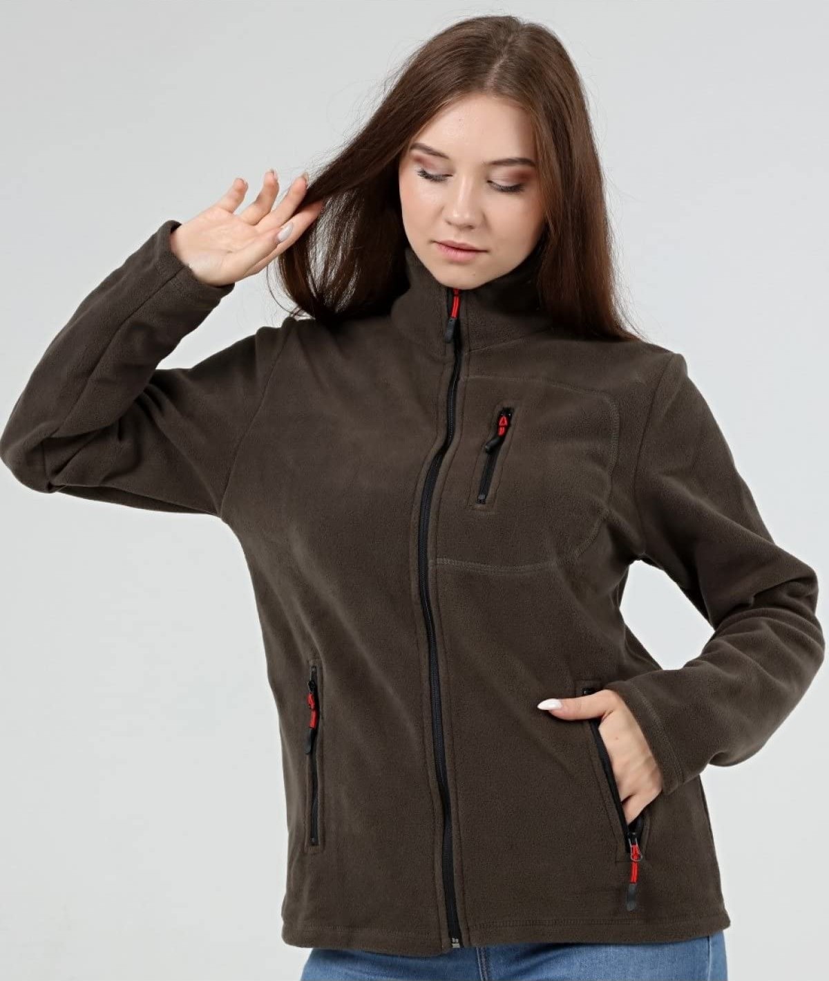 Die Grup Genıus Store Kadın Polar Tam Fermuarlı Outdoor 3 Cepli Spor Polar Ceket (Haki/s) görsel 5