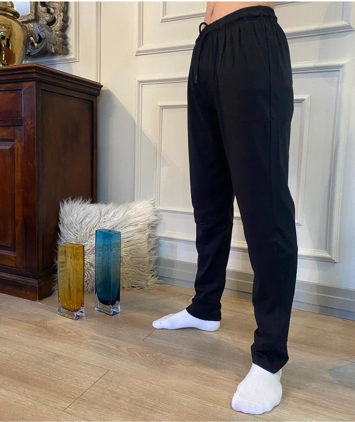 Düven Erkek Siyah Düz Paça Penye %100 Pamuklu Standart Fit Pijama Altı Normal Kesim Beli Lastikli Cepli görsel 3
