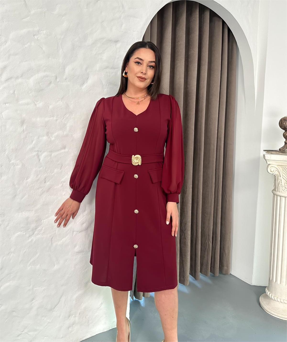 Zy Butik Bordo Büyük Beden V Yaka Uzun Şifon Kollu Kemer ve Düğme Detaylı Elbise görsel 2