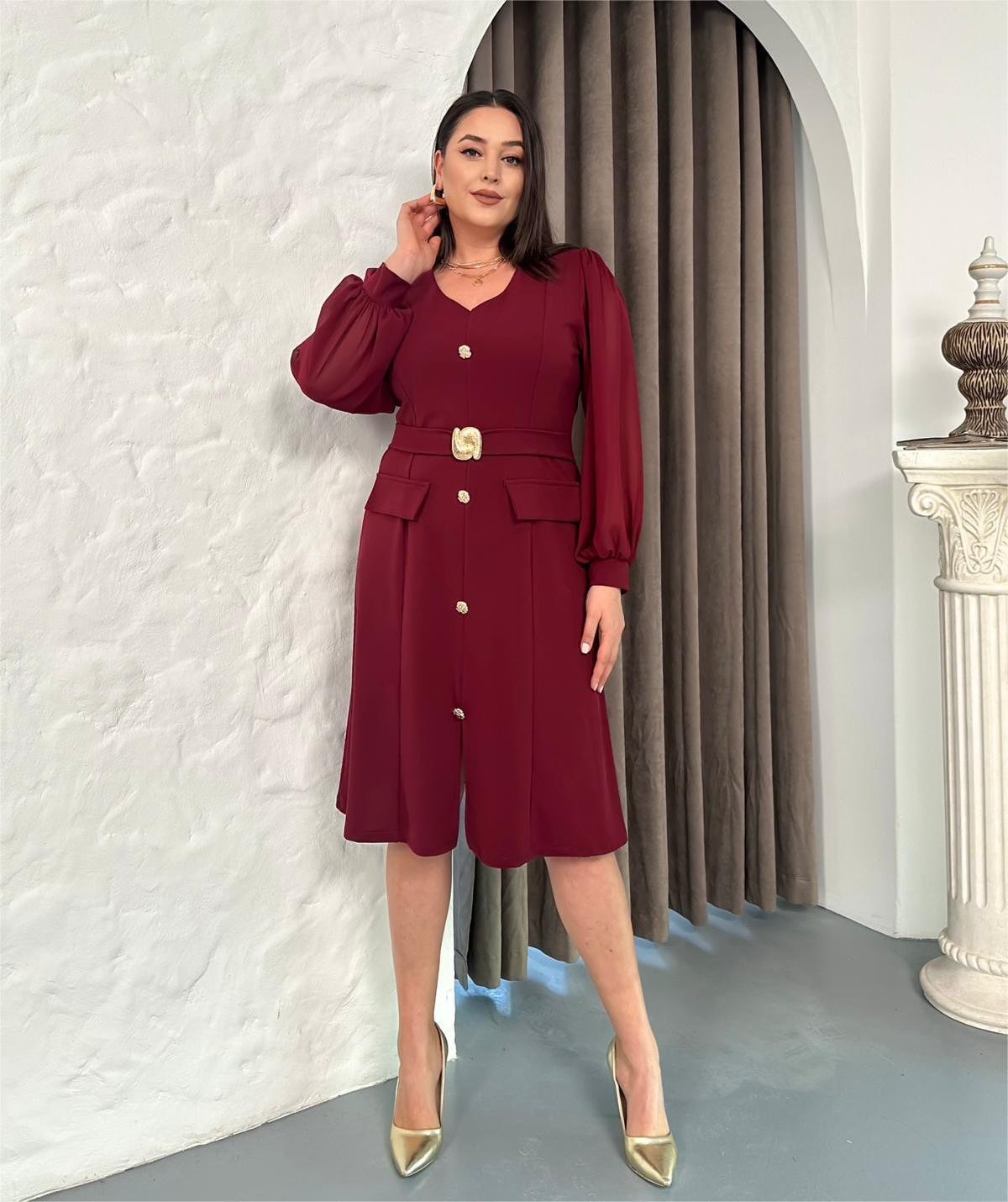 Zy Butik Bordo Büyük Beden V Yaka Uzun Şifon Kollu Kemer ve Düğme Detaylı Elbise görsel 3