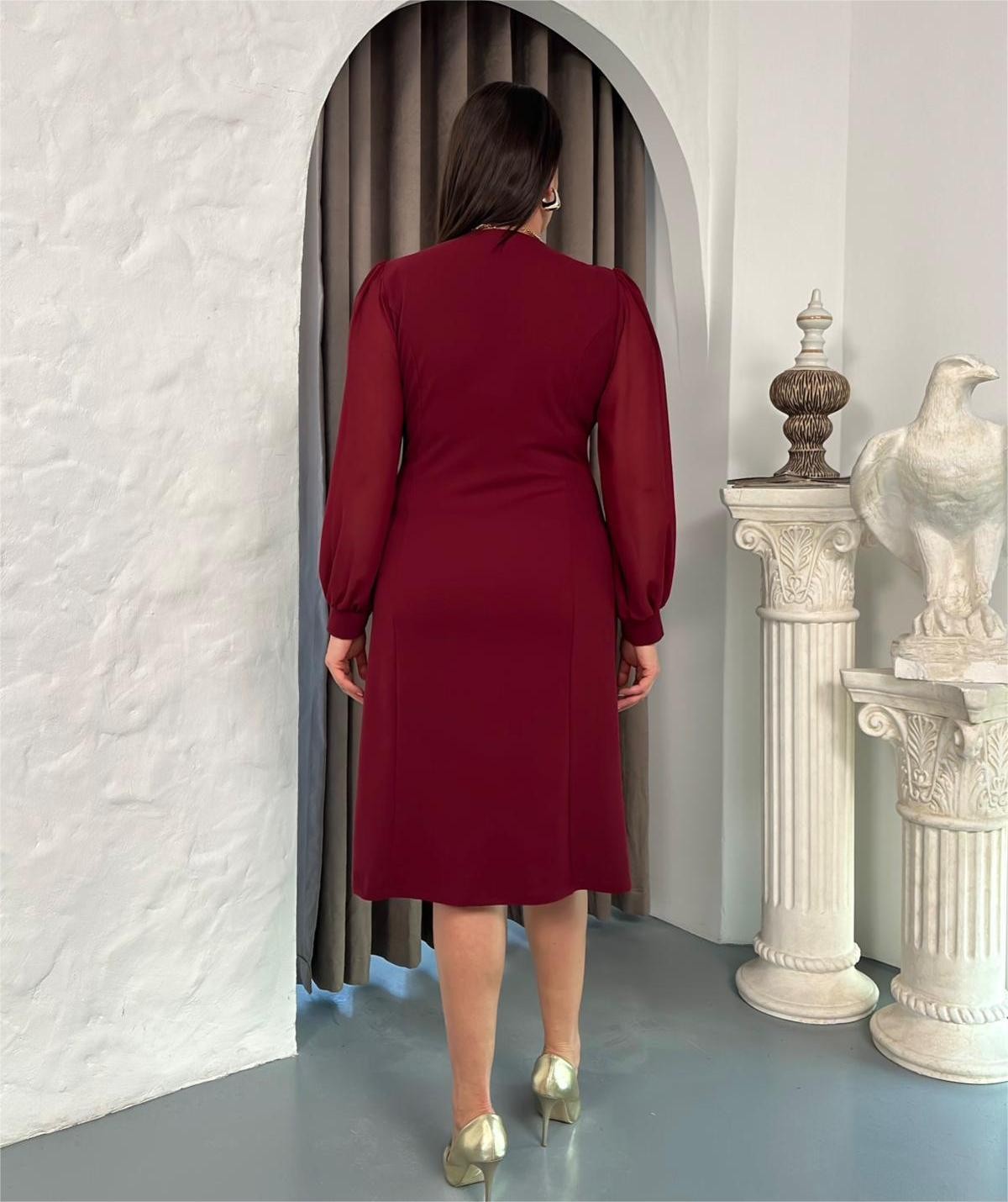 Zy Butik Bordo Büyük Beden V Yaka Uzun Şifon Kollu Kemer ve Düğme Detaylı Elbise görsel 7