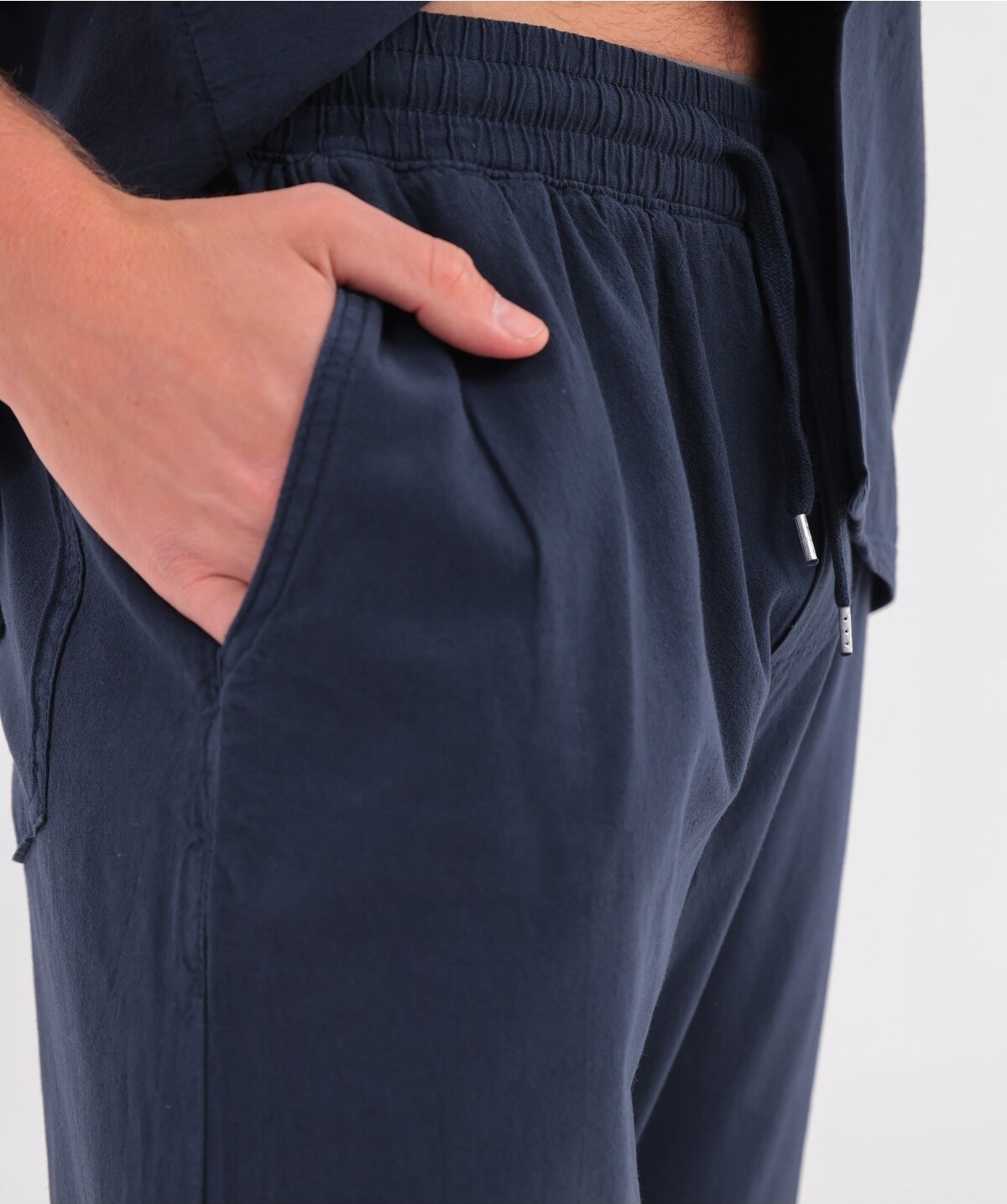 Blayn Jeans Erkek Lacivert Keten Takım Oversize Gömlek & Pantolon 2'li Set Bağcıklı Rahat Yazlık Kombin görsel 6
