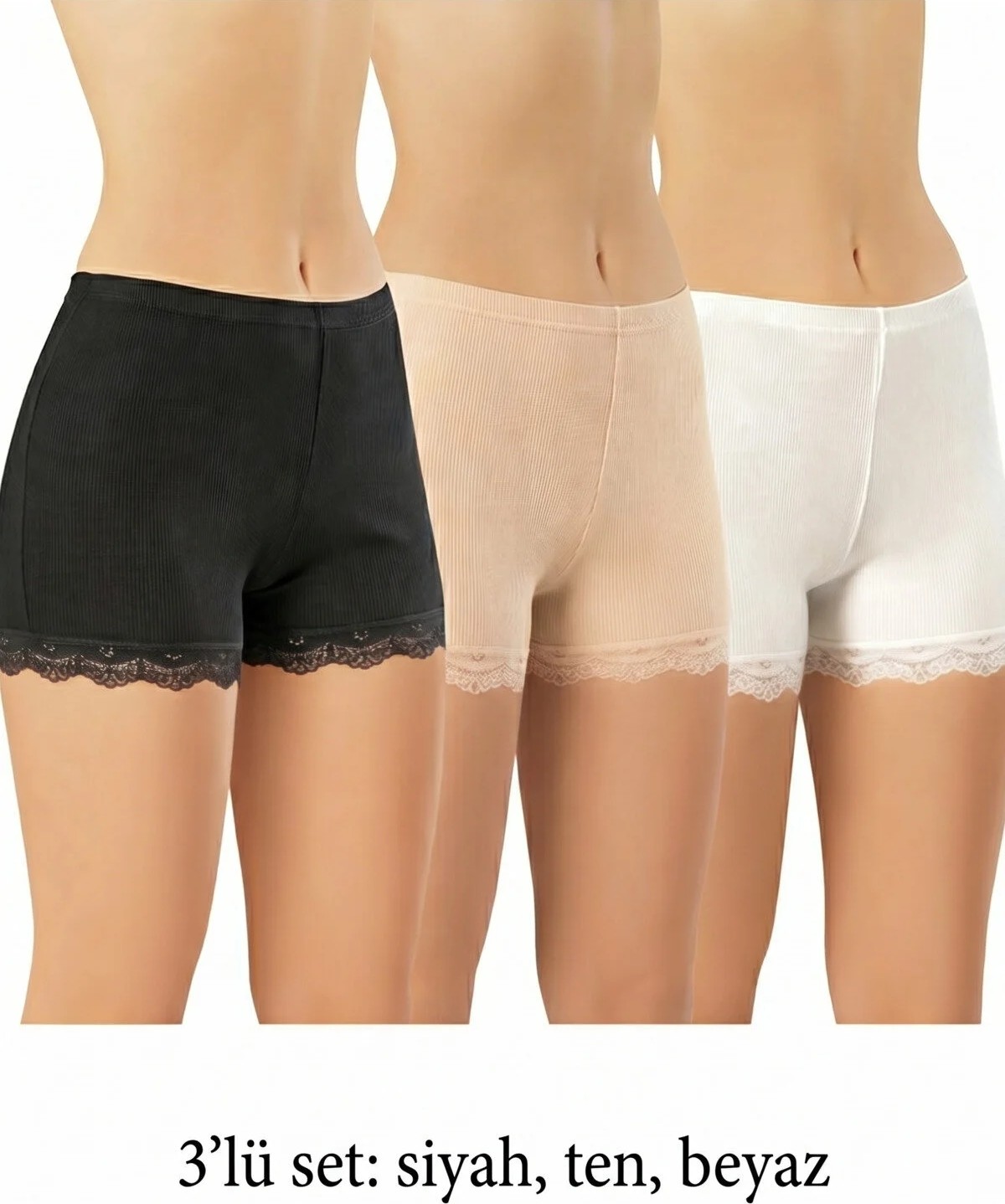 İncili Tekstil Kadın Fitilli Dantelli Boxer Külot 3'lü Set - Pamuklu Esnek Şort Külot Paket (Siyah, Ten, Beyaz)