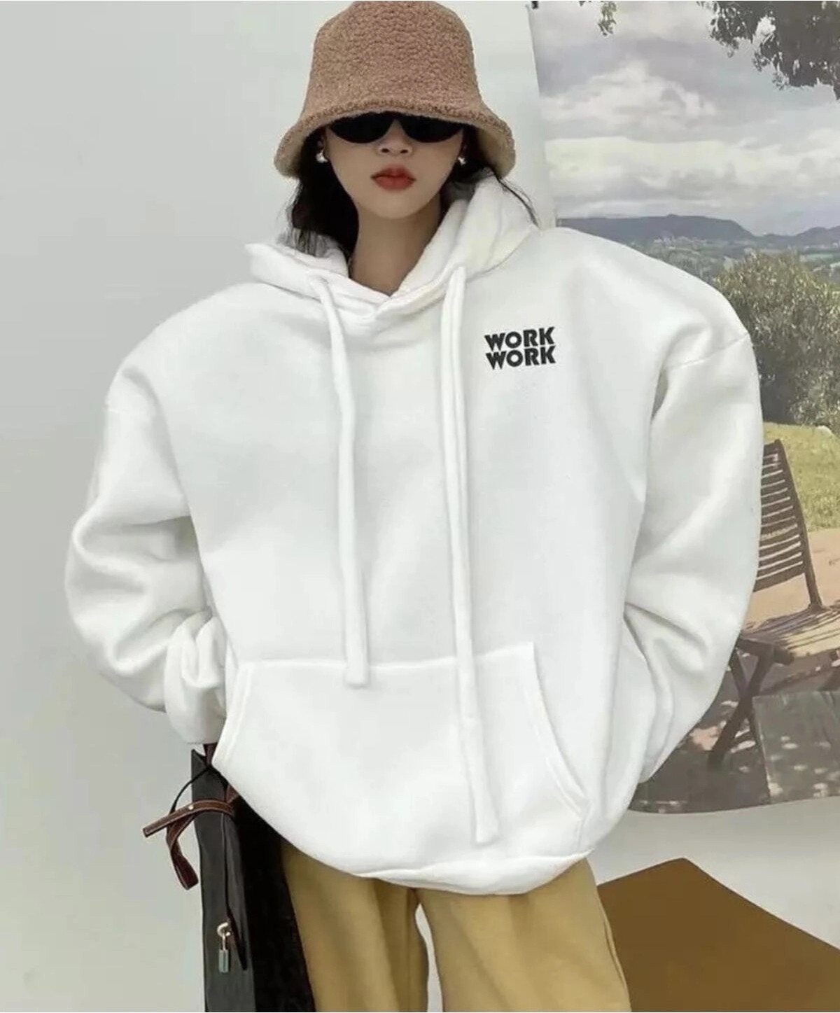 Tarzsokak Büyük Beden Kapüşonlu Work Work Baskılı Tam Kışlık Geniş Oversize Kadın Sweatshırt Beyaz görsel 2