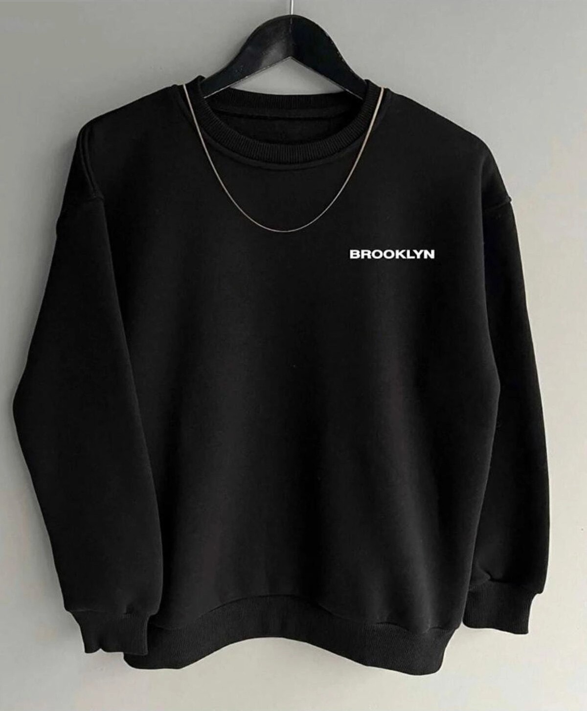 Tarzsokak Siyah Oversize Brooklyn Baskılı Pamuklu Kapşonsuz 0 Yaka Unisex Sweatshirt