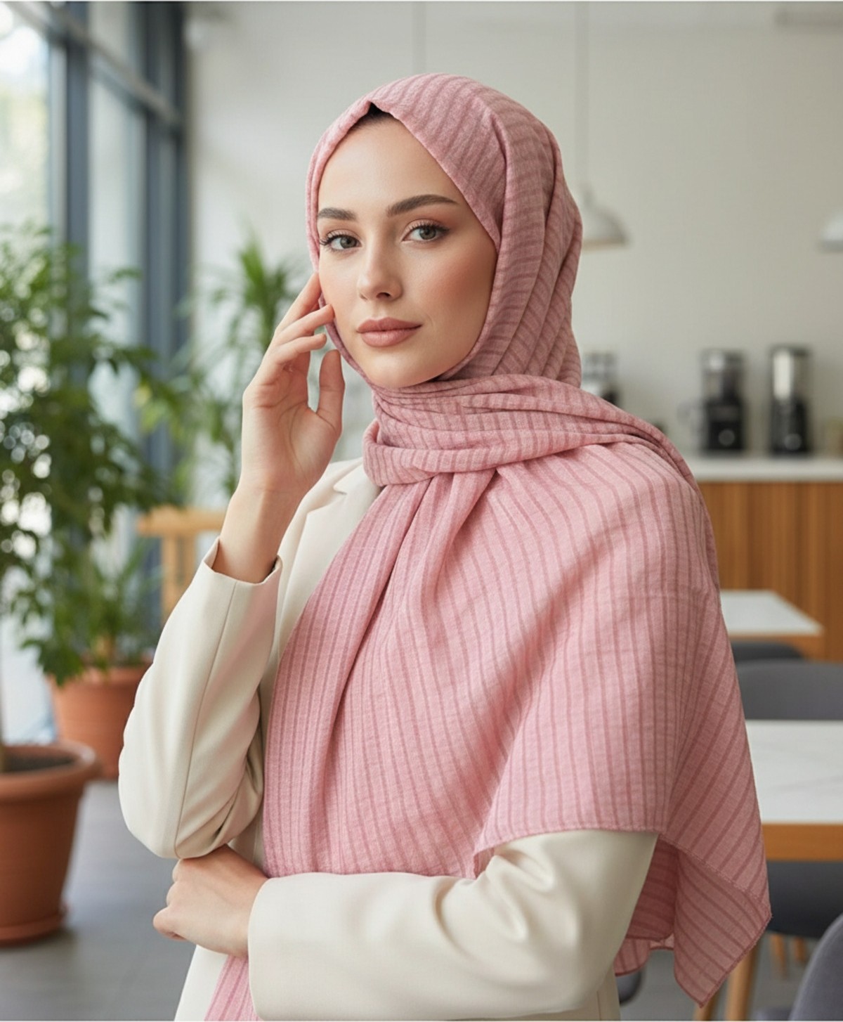Modakaşmir Moda Kaşmir Satır Çizgili Şal Eflatun görsel 5