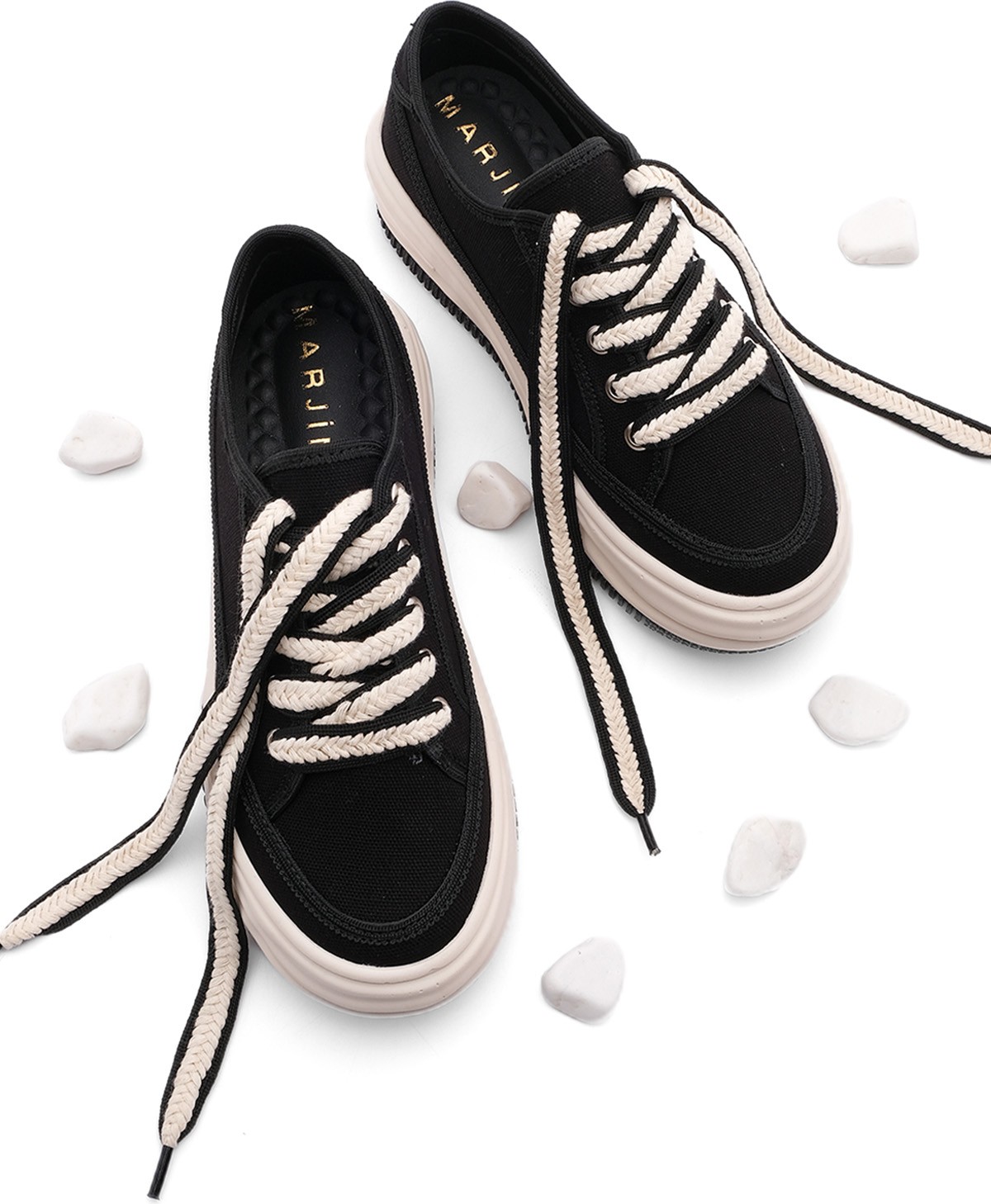 Marjin Kadın Sneaker Yüksek Taban Bağcıklı Bez Spor Ayakkabı Kotnel Siyah