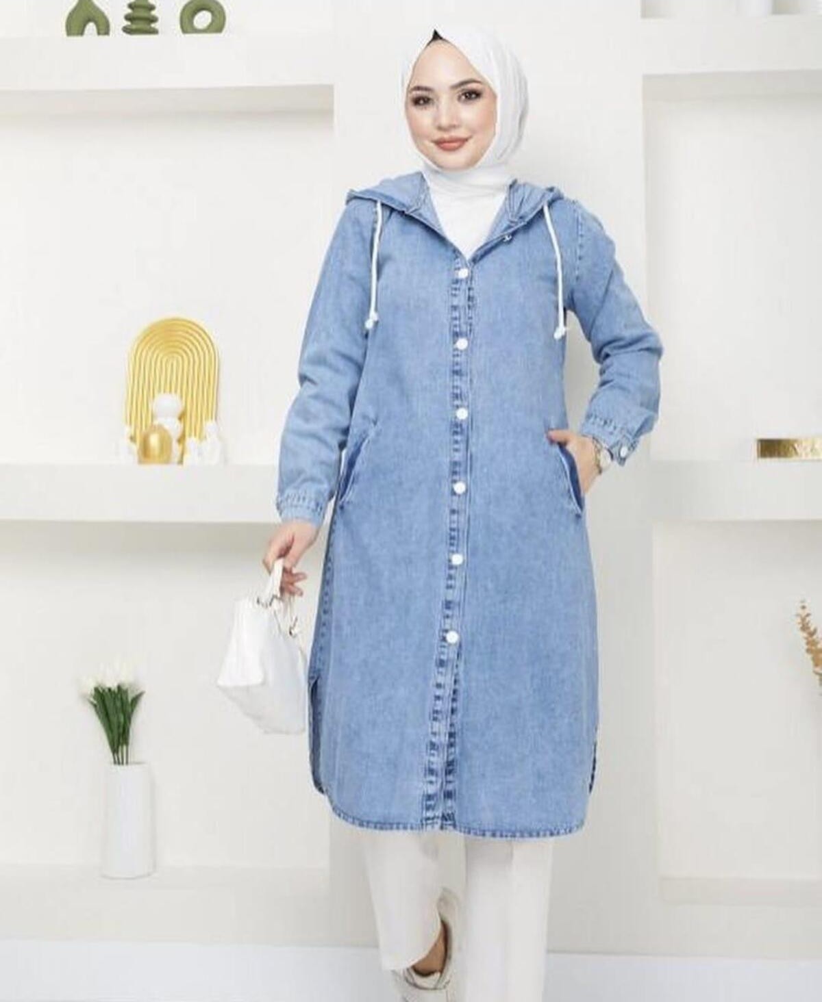 Harman Butik Kadın Kapüşonlu Uzun Kot Ceket