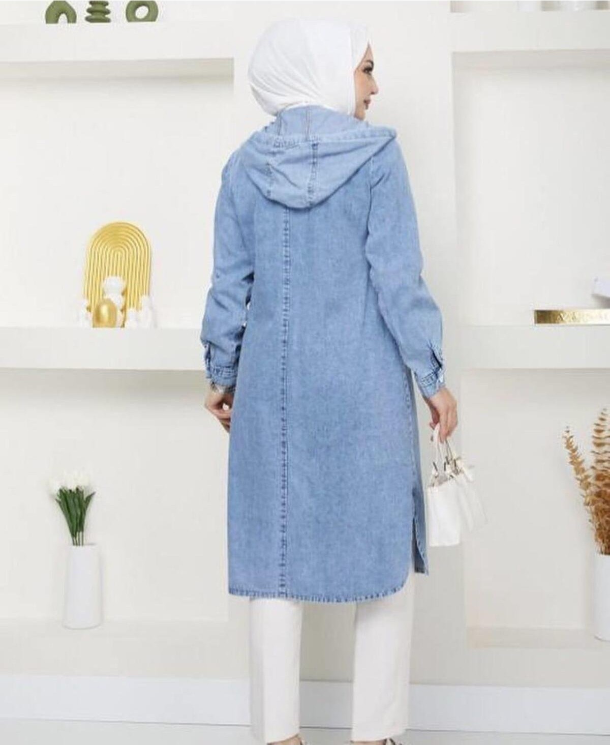 Harman Butik Kadın Kapüşonlu Uzun Kot Ceket görsel 2