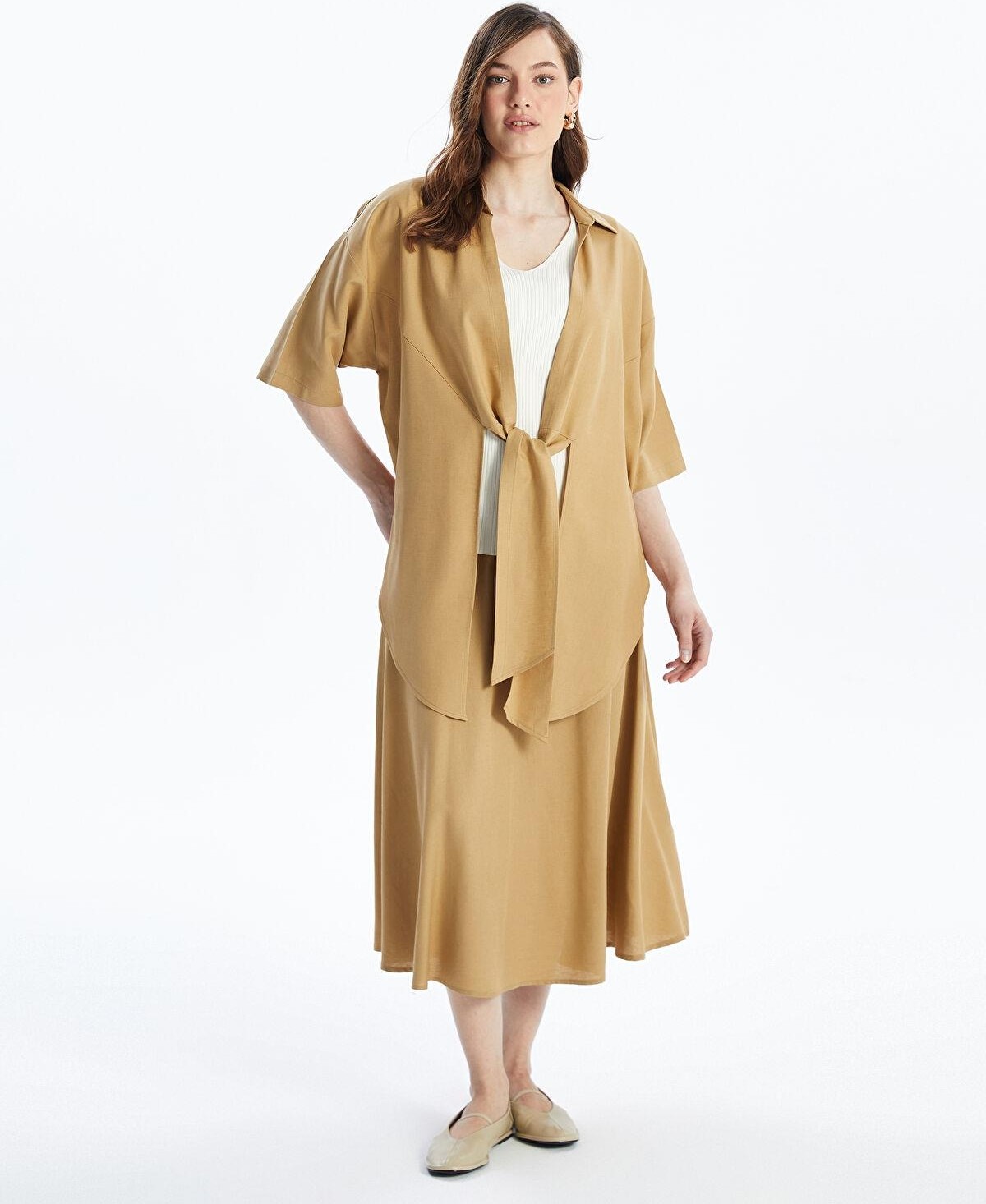 LC Waikiki Lcwaıkıkı Classic Koyu Bej Şal Yaka Desenli Oversize Keten Karışımlı Kadın Kimono görsel 2