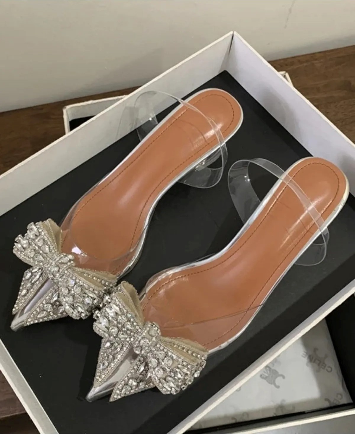 Trendy Anka Lady Princess Gümüş Nude 2cm Şeffaf Topuklu Kristal Fiyonk Taşlı Babet Düğün Nişan Abiye Ayakkabı görsel 2