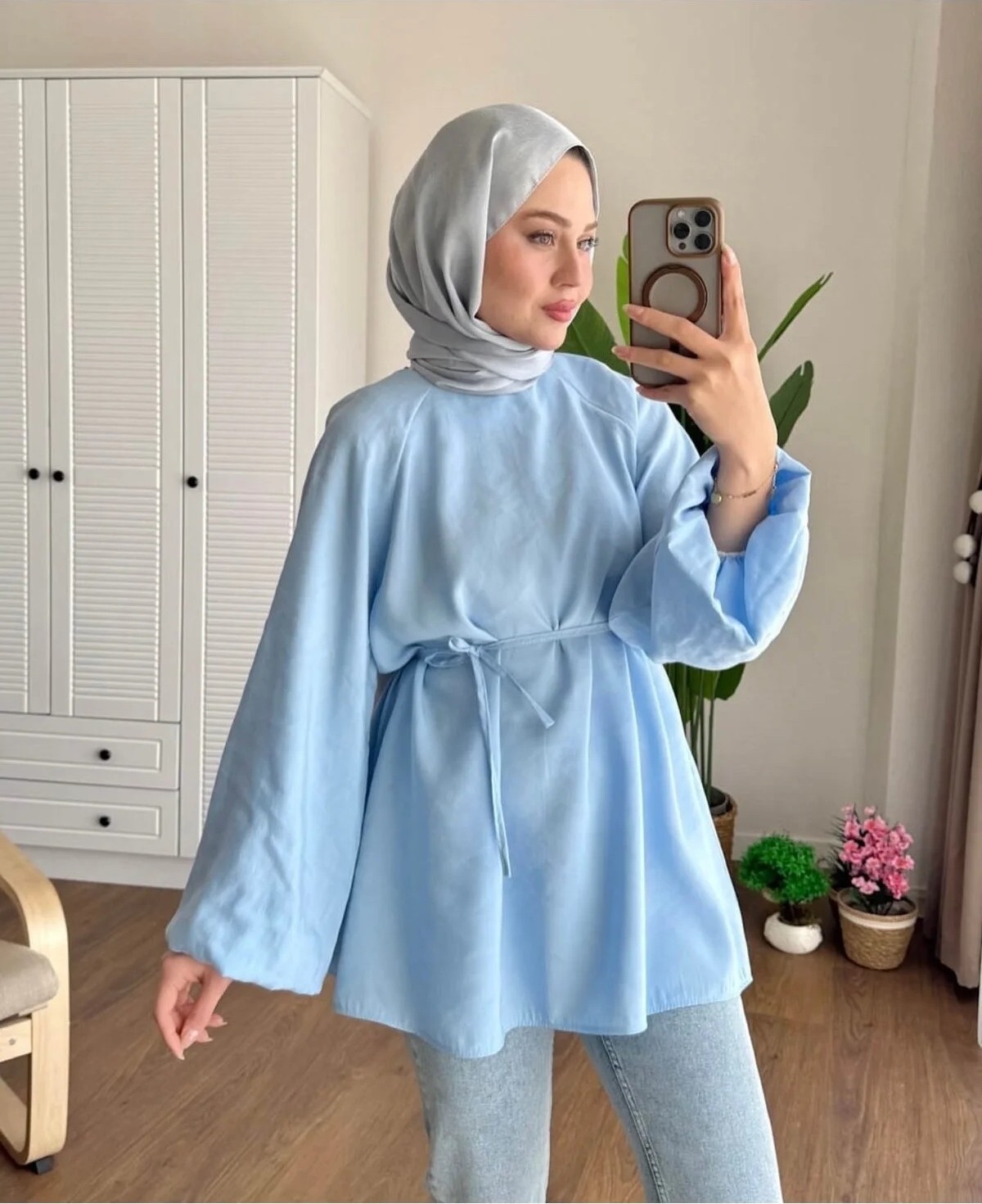Moonsc Kadın Balon Kol Bel Bağlamalı %100 Pamuk Bisiklet Yaka Standart Beden Mavi Tesettür Gömlek