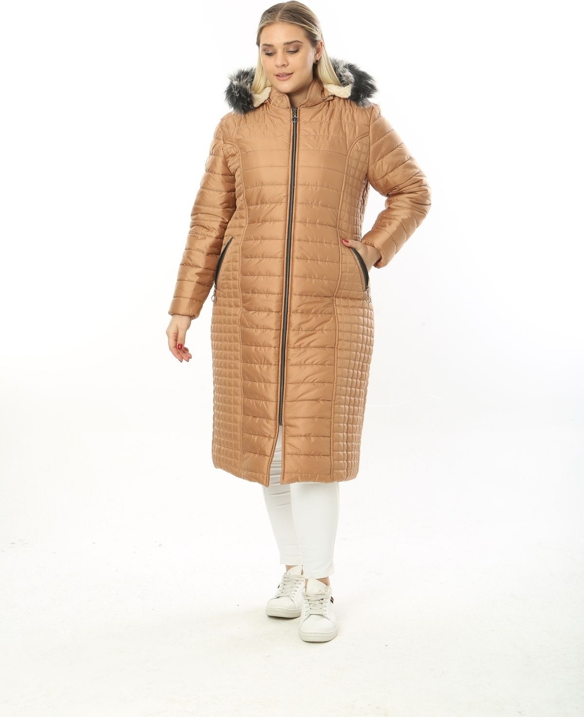 TUTveAL Collection Kadın Hardal Içi Kürklü Mont Uzun Kapitone Mont Kapüşonlu Büyük Beden Mont görsel 7