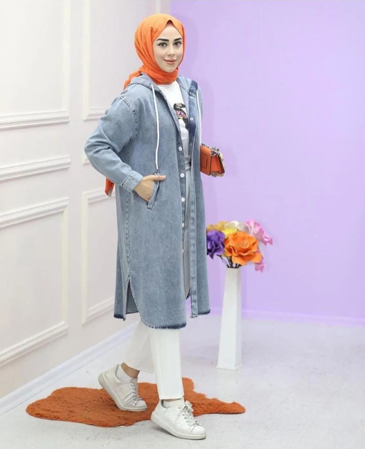 Harman Butik Kadın Kapüşonlu Uzun Kot Ceket görsel 3