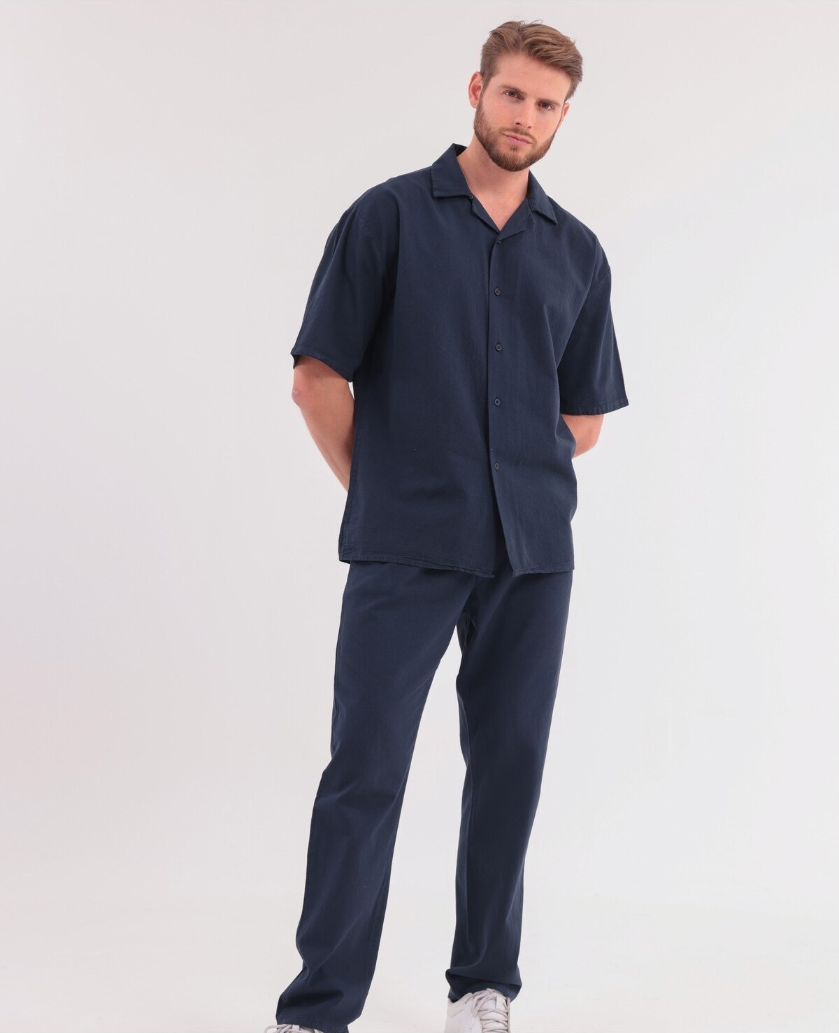 Blayn Jeans Erkek Lacivert Keten Takım Oversize Gömlek & Pantolon 2'li Set Bağcıklı Rahat Yazlık Kombin görsel 5