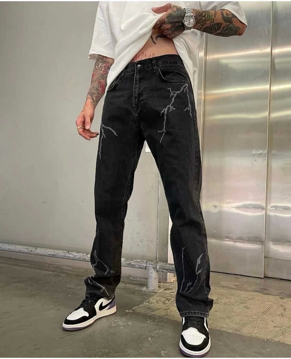 Phantom Jns By Sekman Baggy Fit Şimşek/yıldırım Desenli Koyu Gri Kot Pantolon Denim Oversize Phantom Jeans Sokak Stili